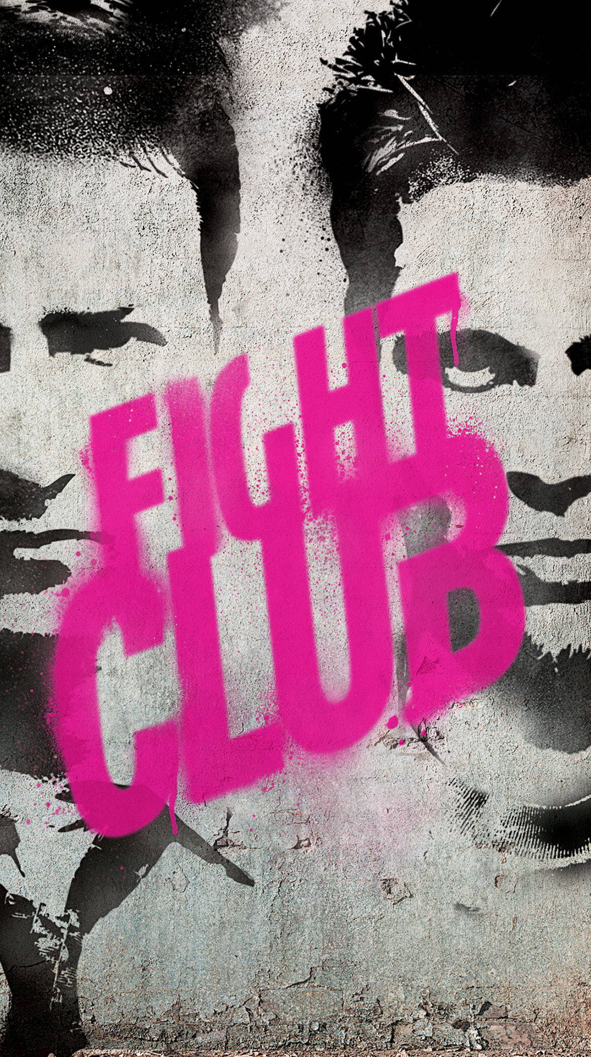 Fight Club, pink graffiti, black and white wall mural, Full HD Phone Wallpaper