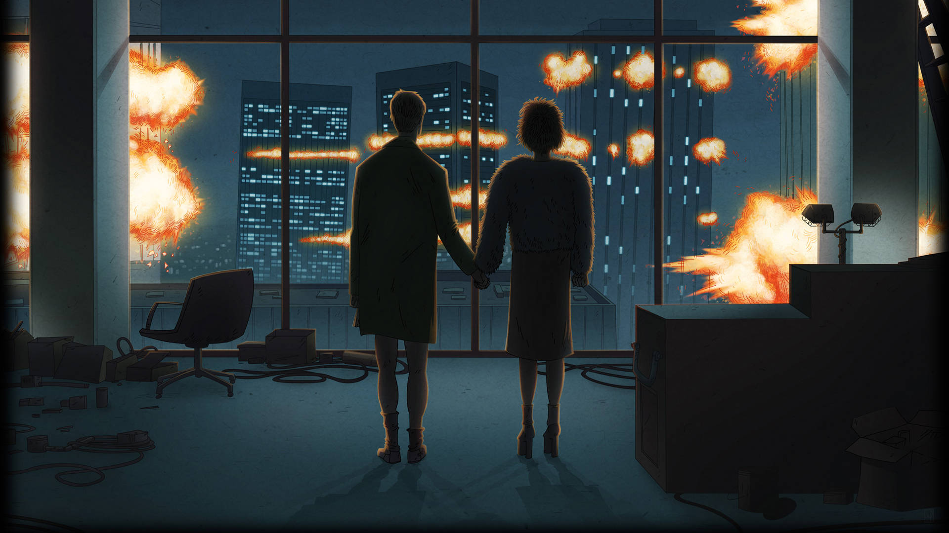 Fight Club, ruined office, cityscape, Full HD Desktop Wallpaper