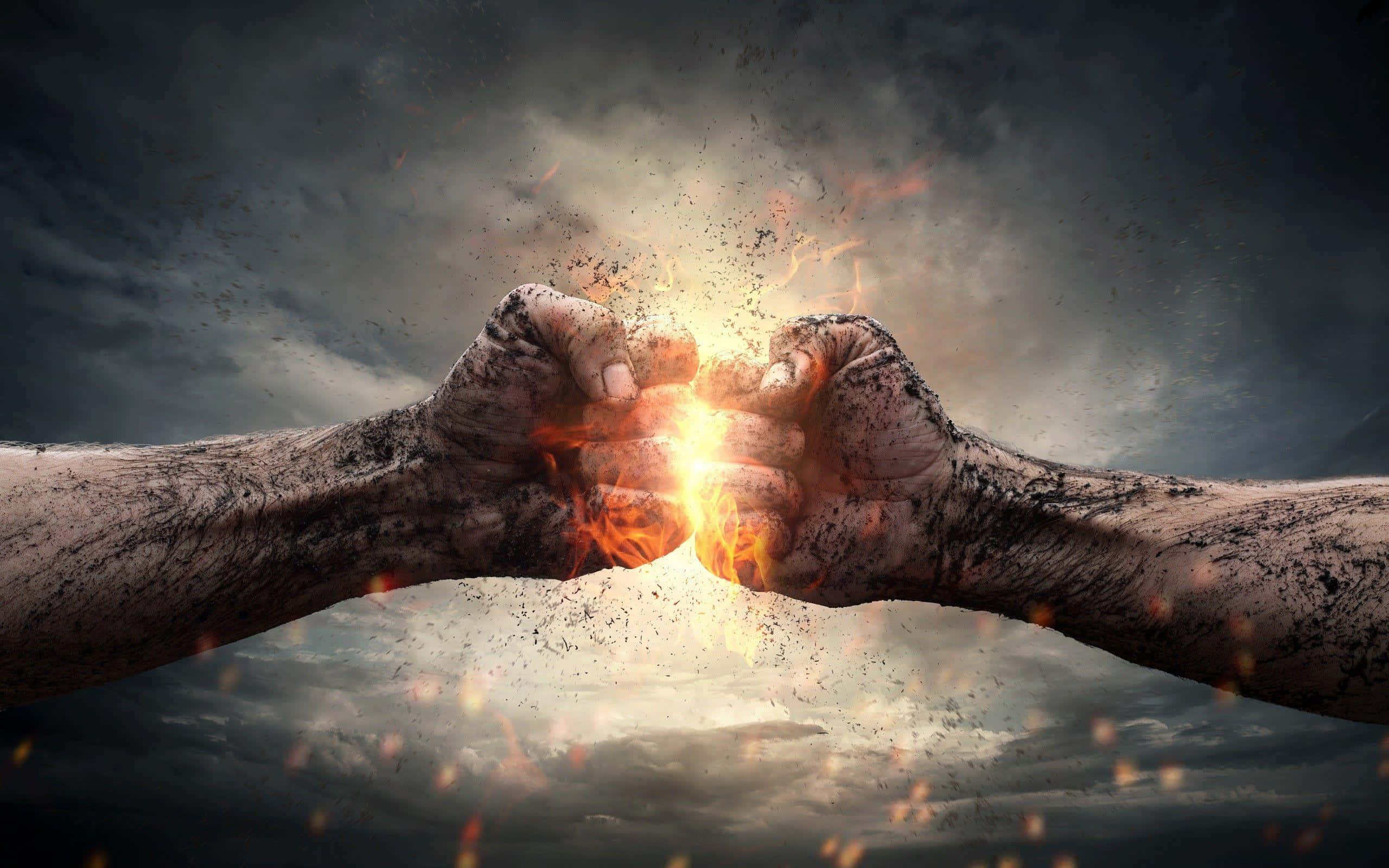 clashing fists, fiery energy, fiery sparks, 2K Desktop Wallpaper