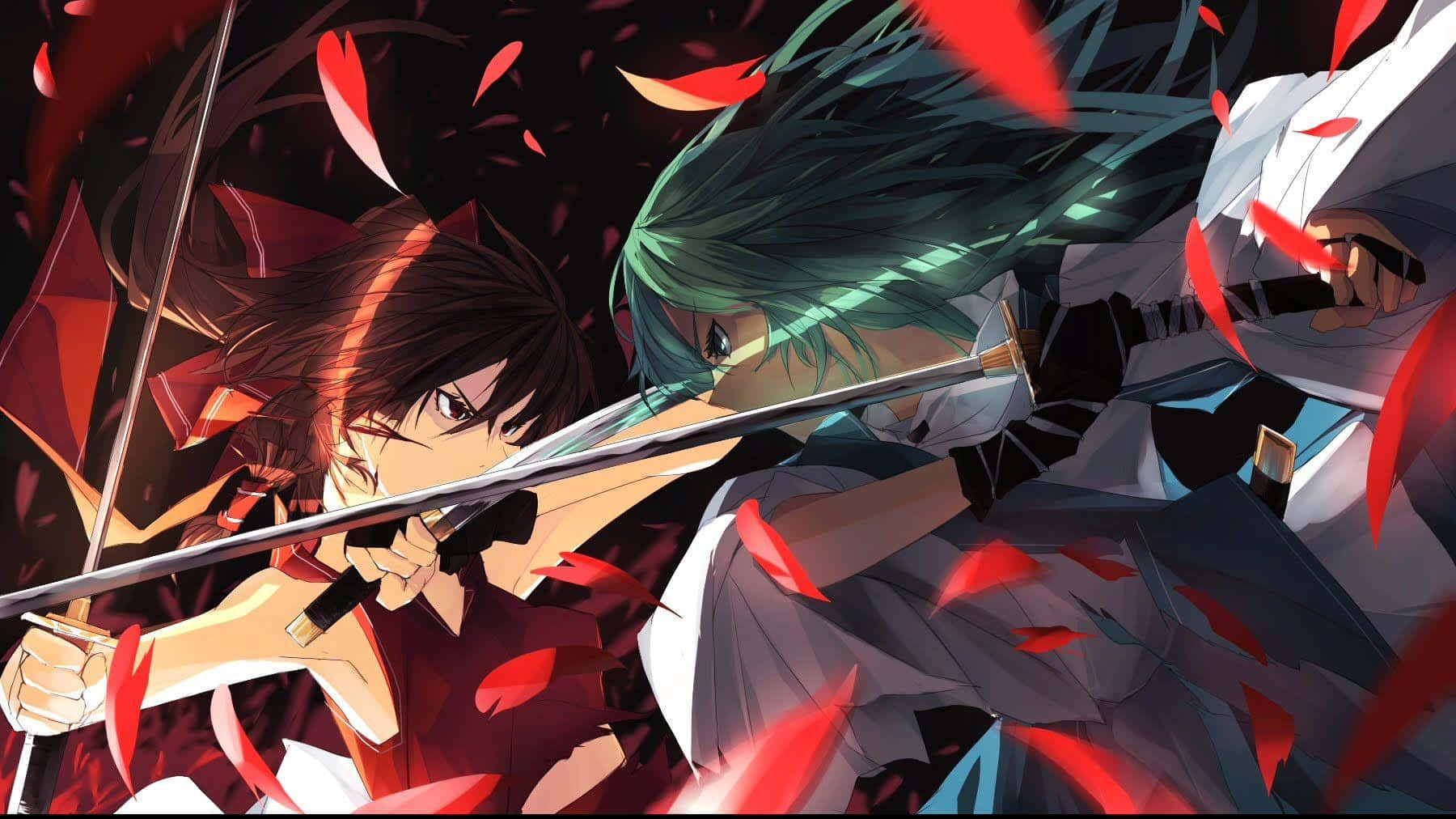anime sword duel, red petals, dark background, HD Desktop Wallpaper