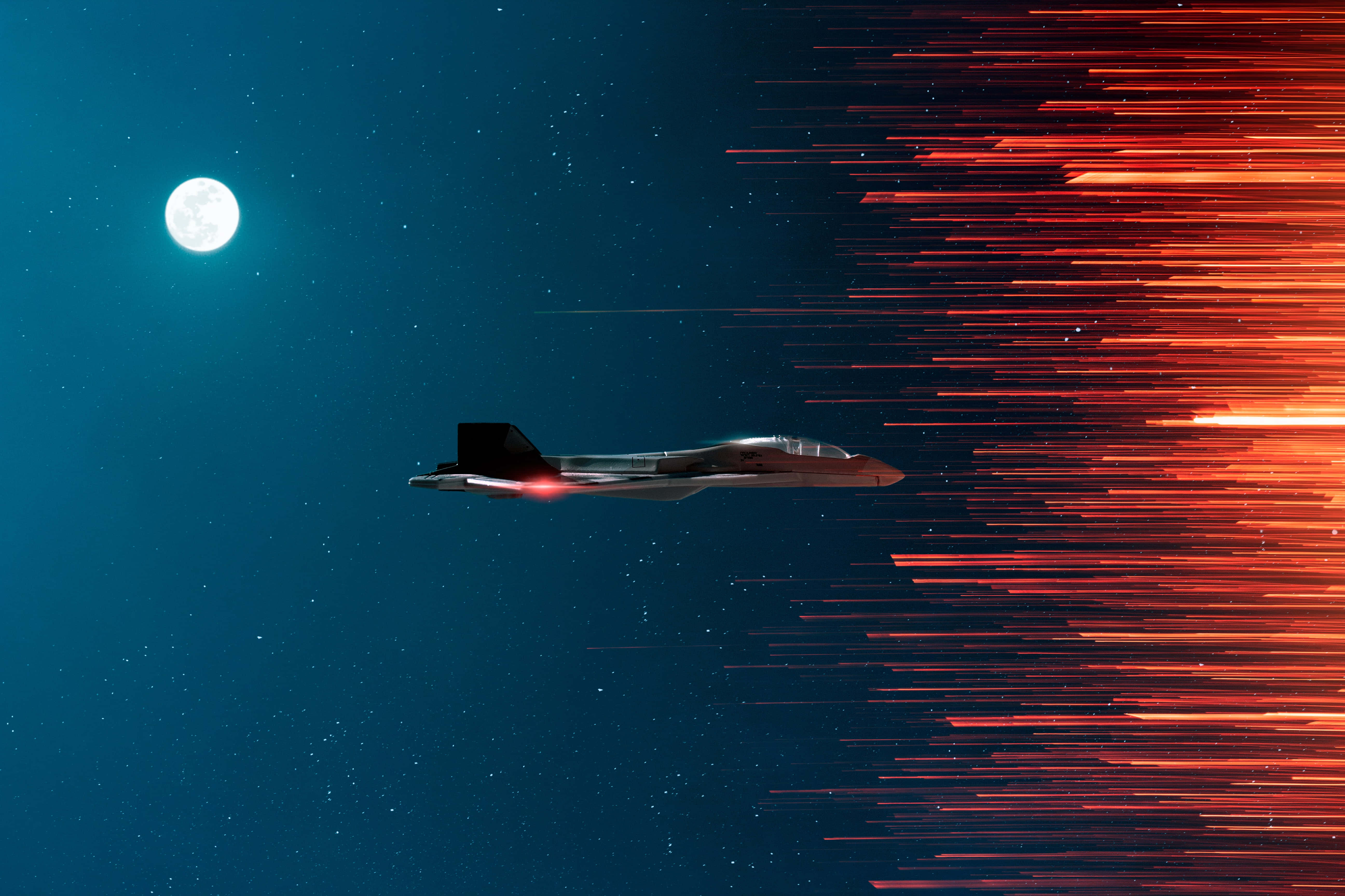 fighter jet, starry night sky, fiery red trails, 5K Desktop Wallpaper