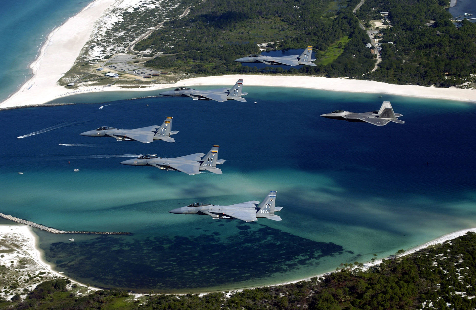 F-15 Fighter Jet, turquoise lagoon, white sand, HD Desktop Wallpaper