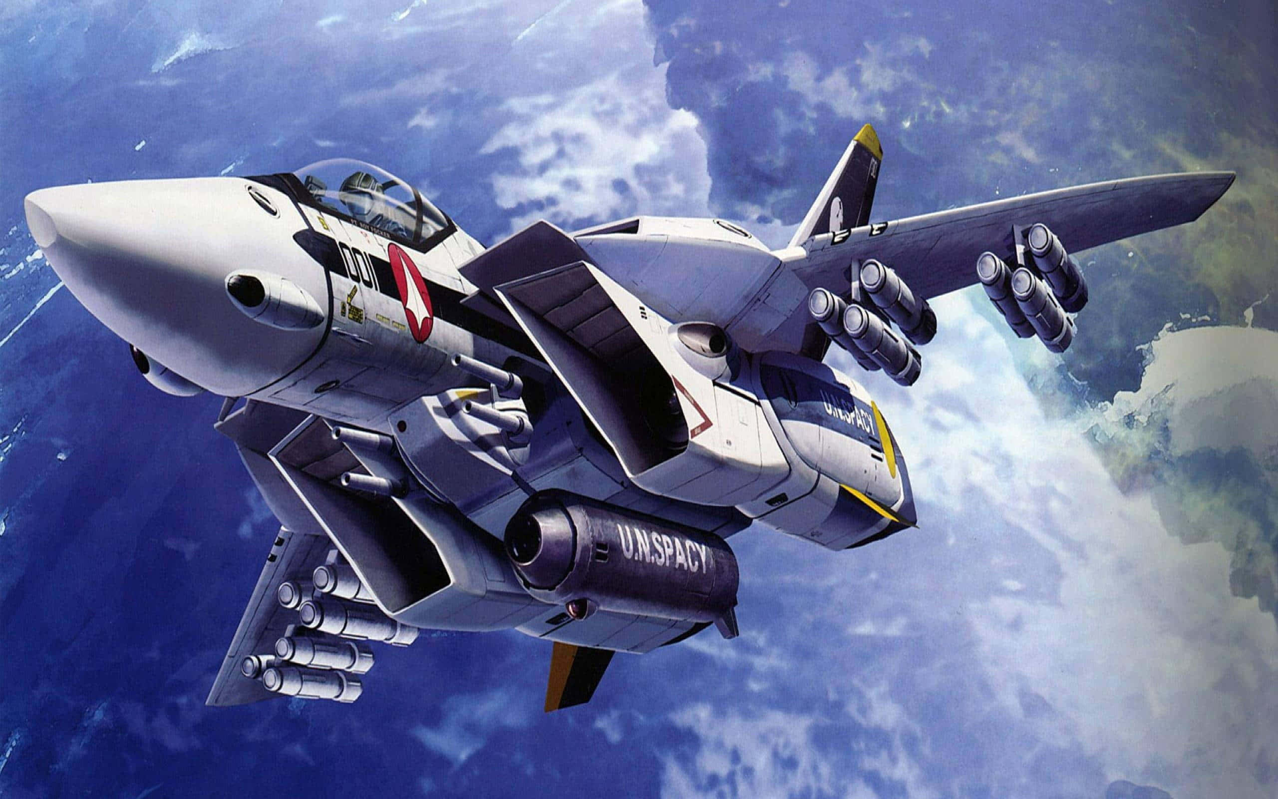 futuristic fighter jet, Earth's blue oceans, white clouds, 2K Desktop Wallpaper
