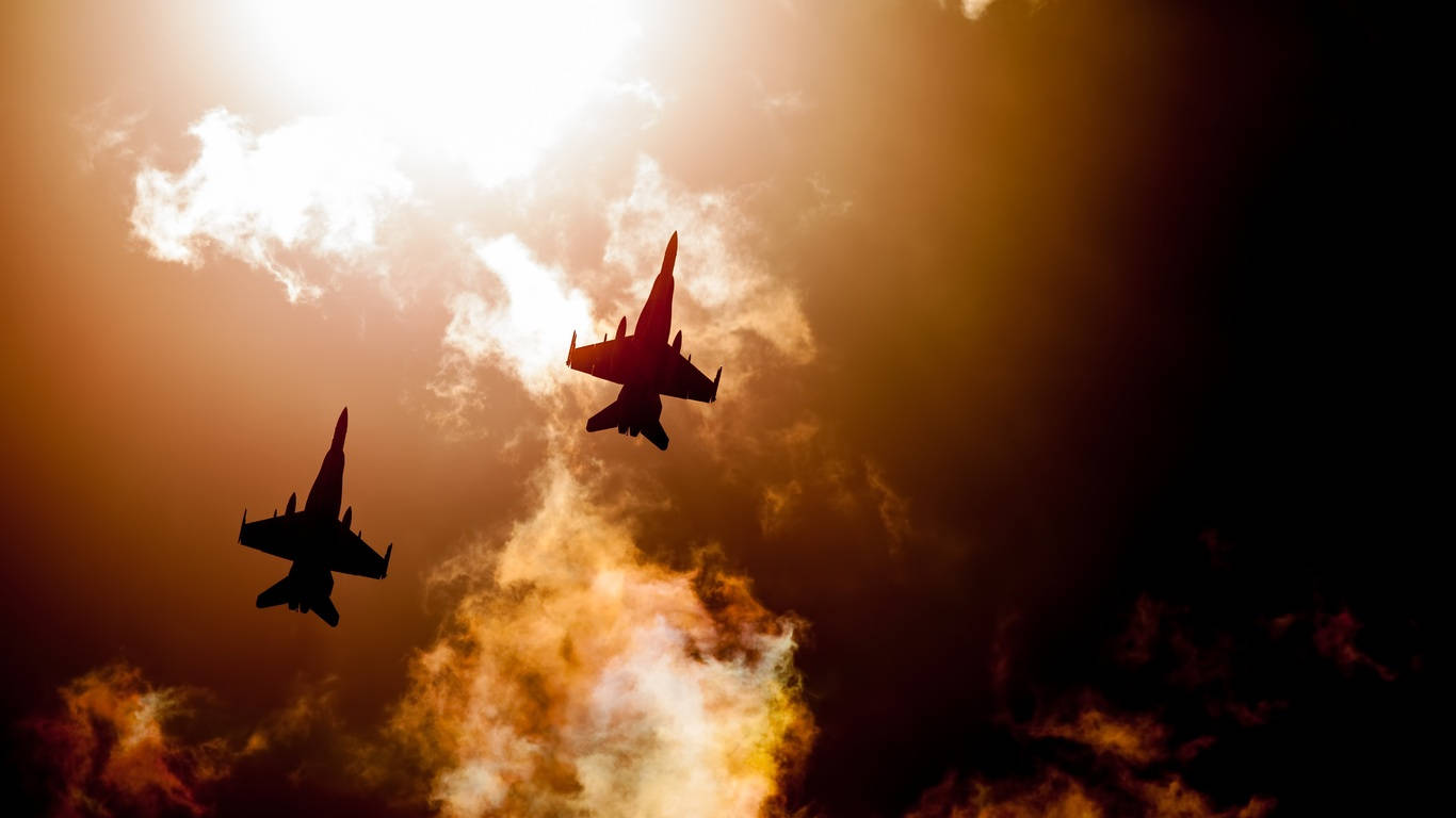 F-18 Fighter Jet, wing, fiery sunset sky, HD Desktop Wallpaper