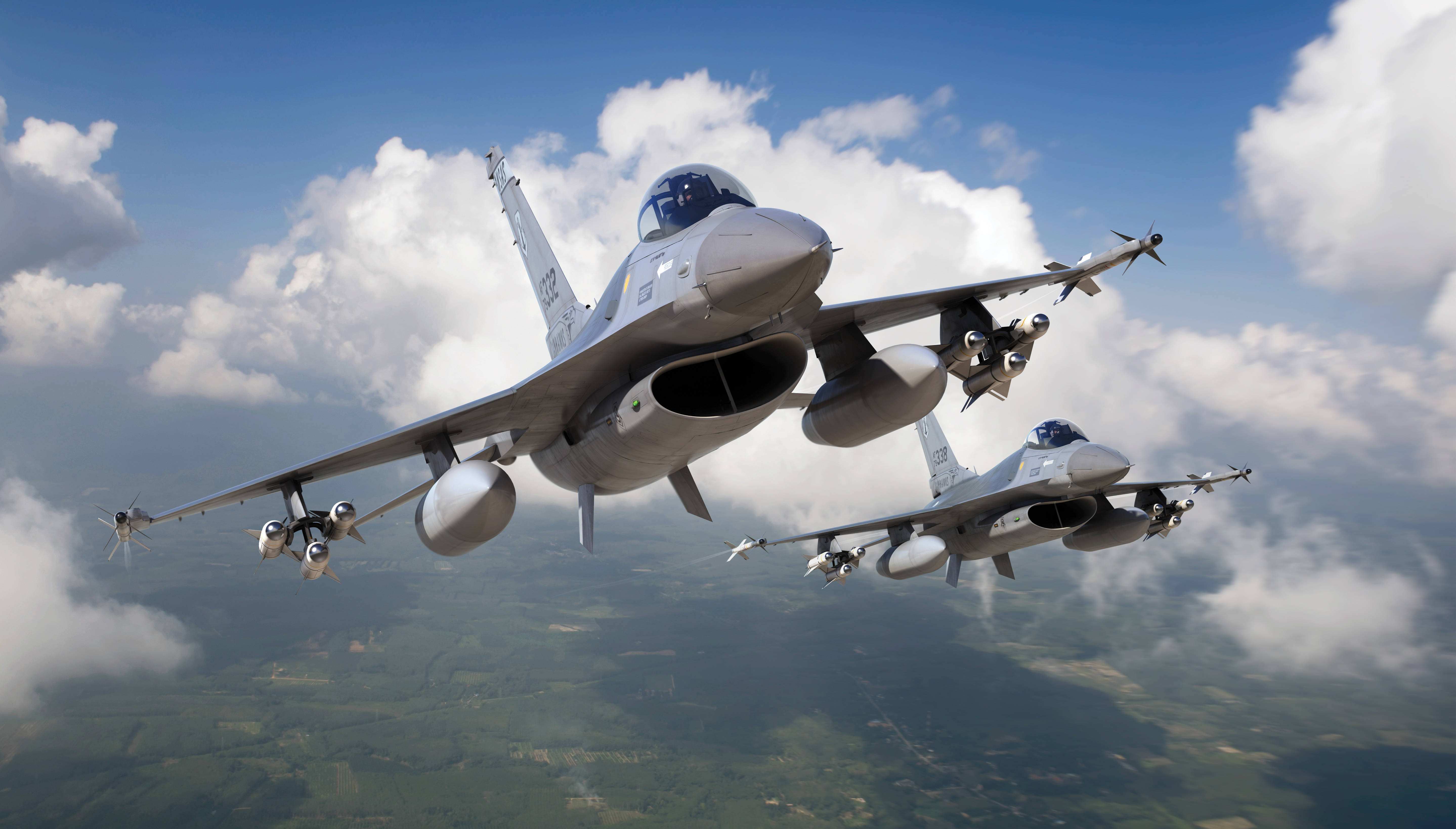 F-16 Fighter Jet, missiles, bright blue sky, 5K Desktop Wallpaper