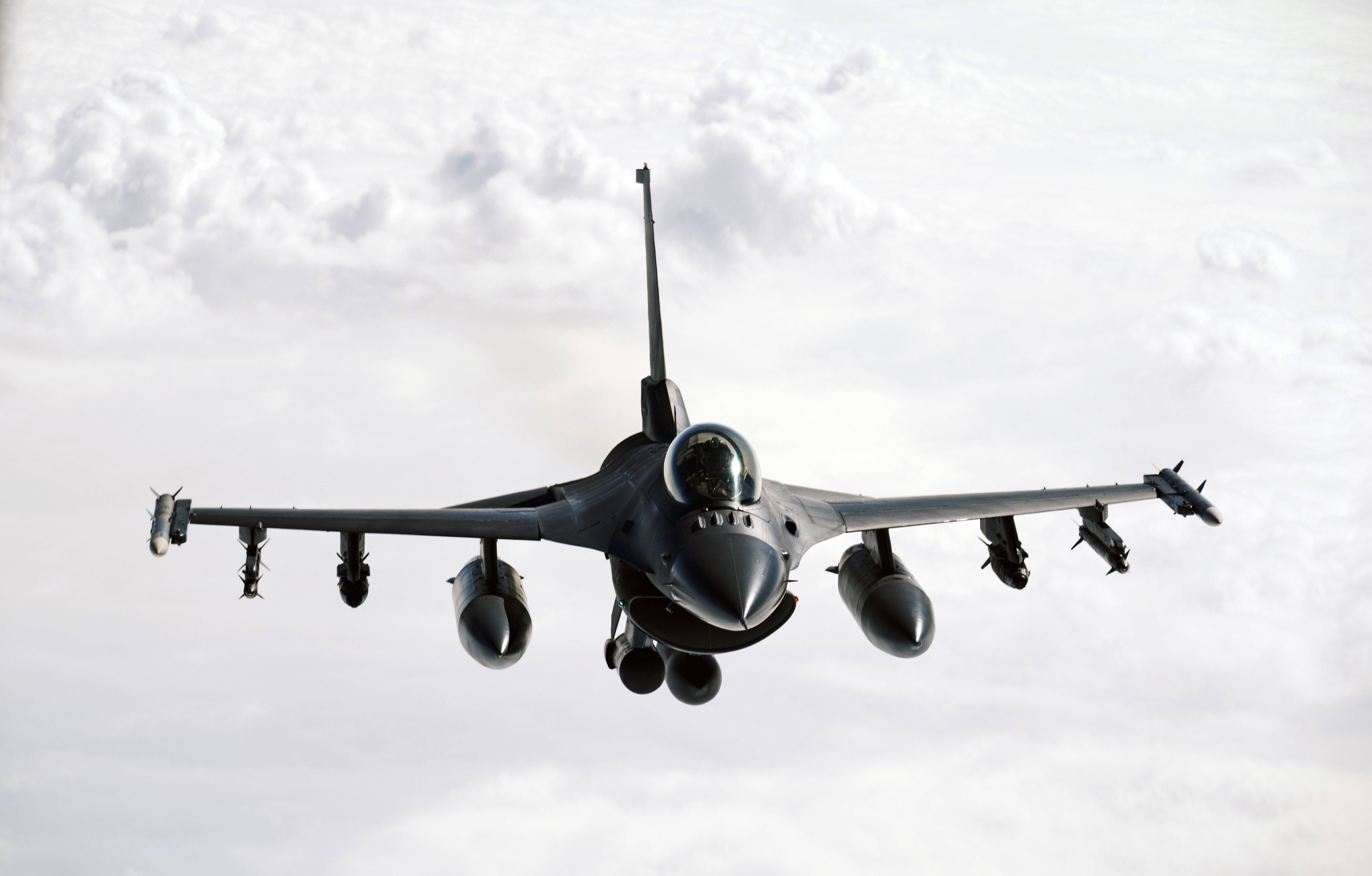 F-16 Fighter Jet, fluffy white clouds, soars, 5K Desktop Wallpaper