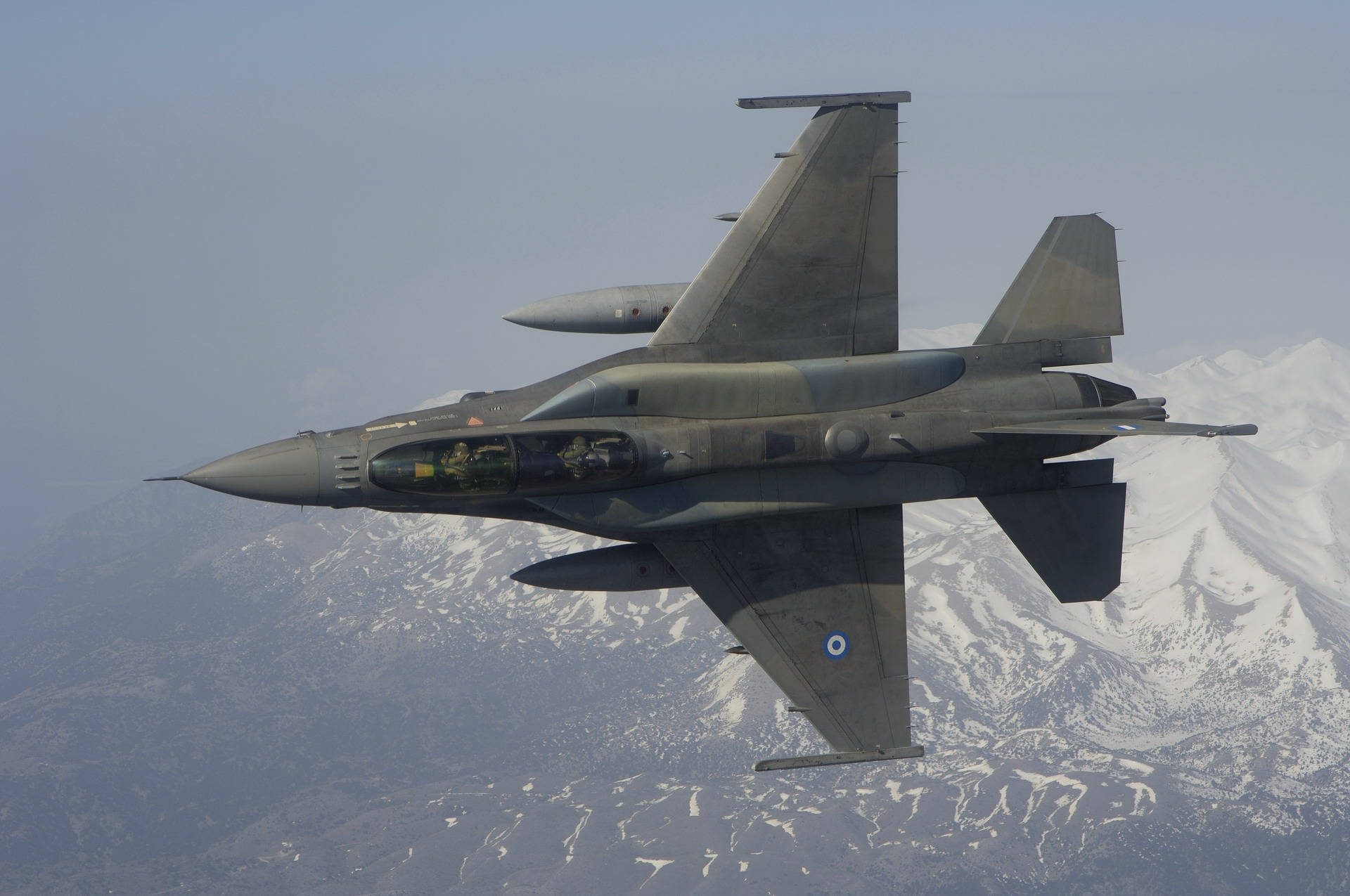 F-16, gray, snow-capped mountains, Full HD Desktop Wallpaper