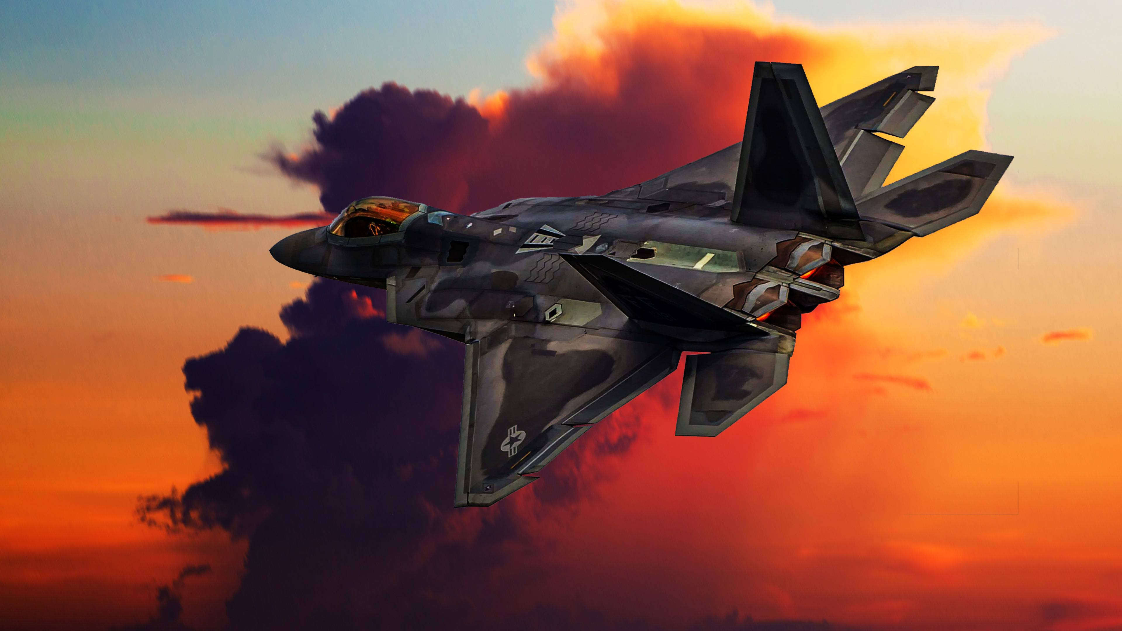 stealth fighter jet, fiery sunset sky, orange and purple clouds, 4K Desktop Wallpaper