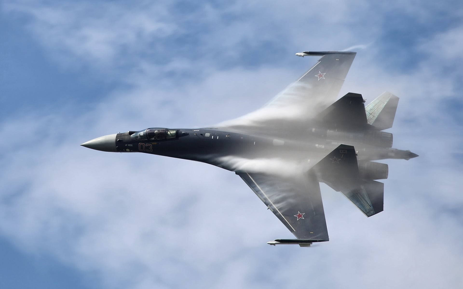 smoking fighter plane, sleek dark fighter jet, cloudy sky, Full HD Desktop Wallpaper
