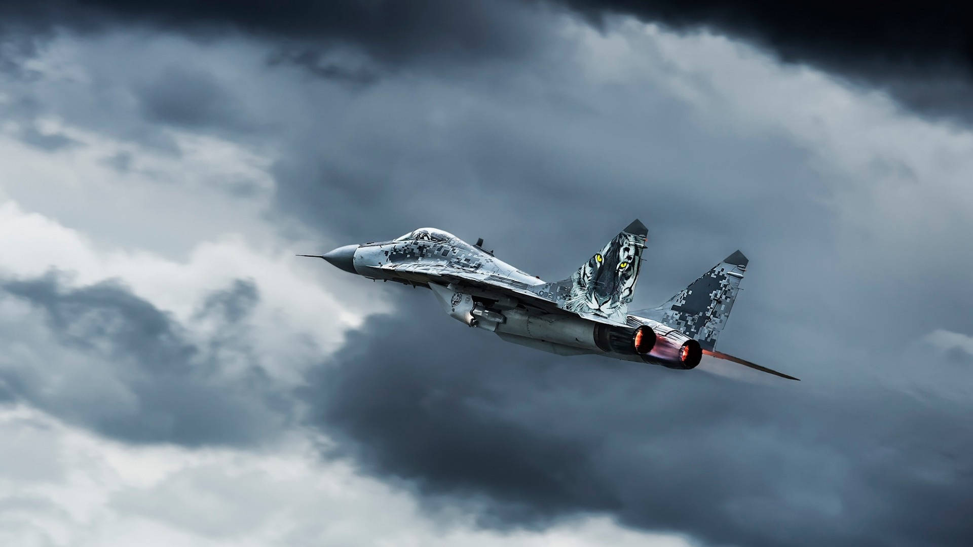fighter jet, camouflage paint, dark storm clouds, Full HD Desktop Wallpaper