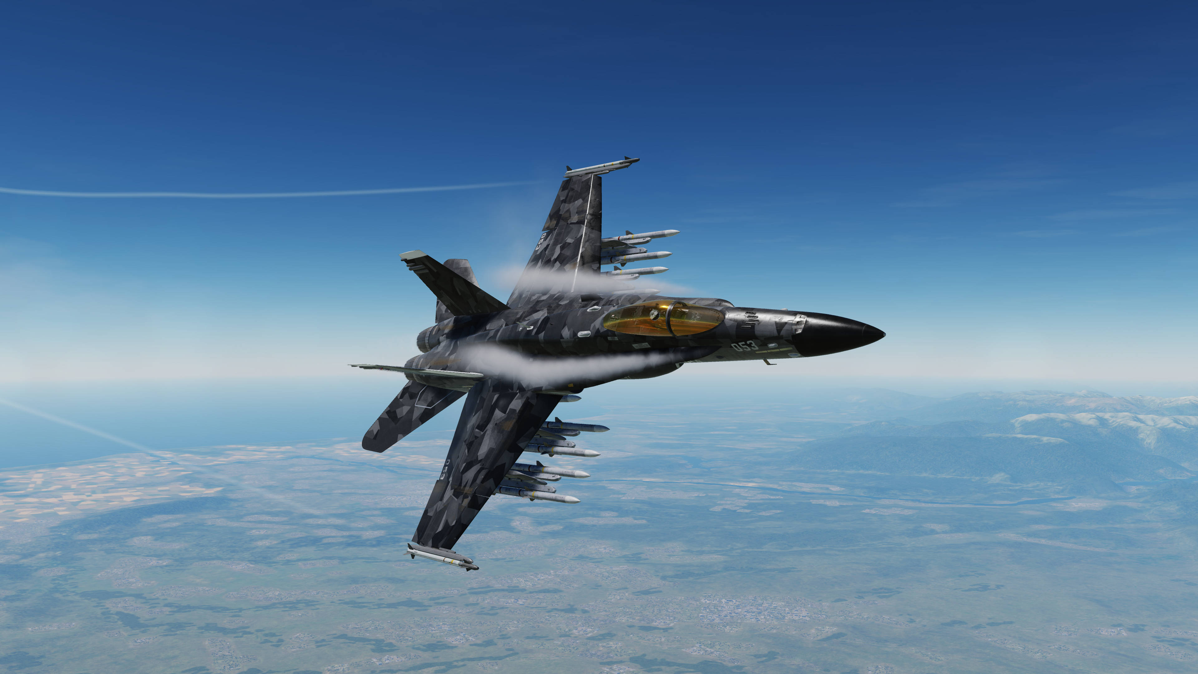 fighter jet, camouflage paint, clear blue skies, 4K Desktop Wallpaper