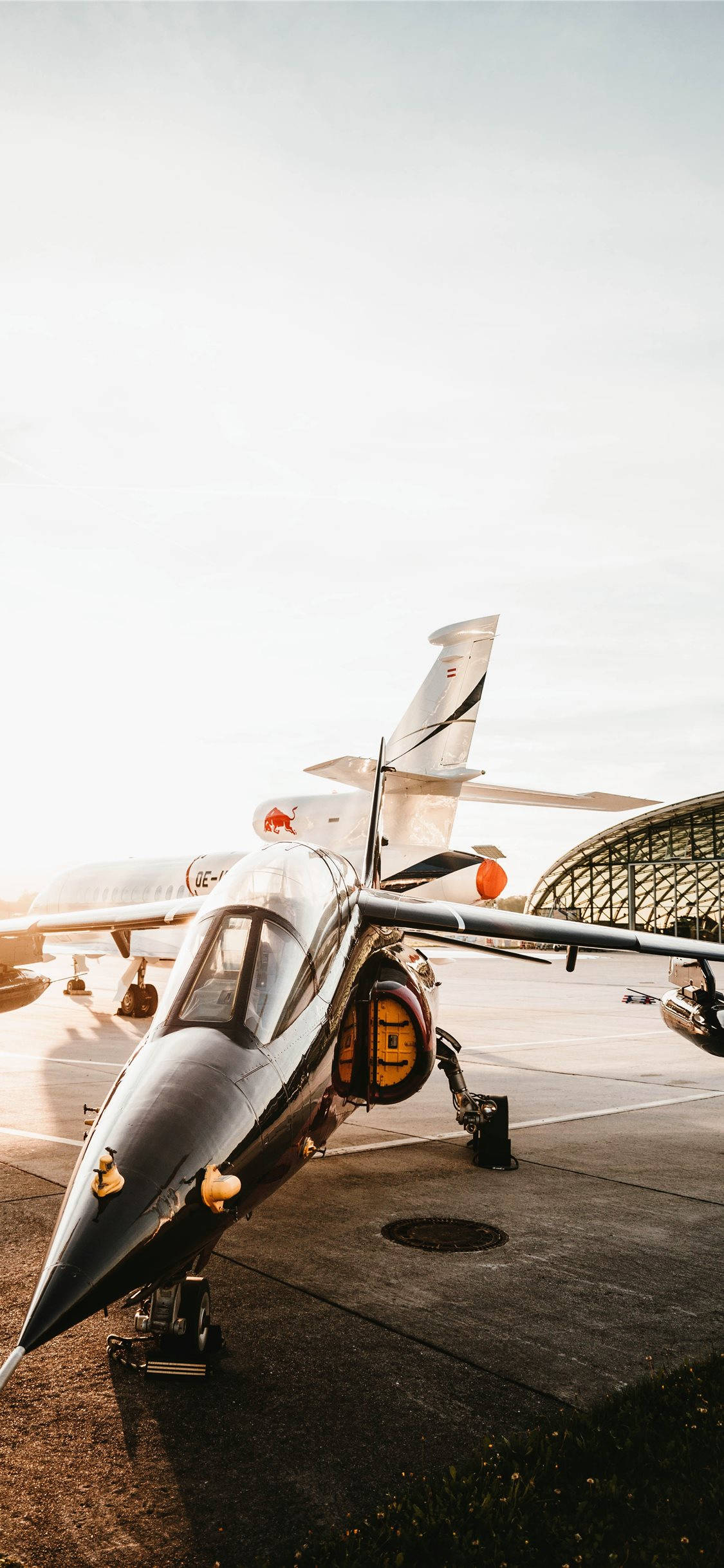 grey jet, fighter jet, golden sunrise, Full HD Phone Wallpaper