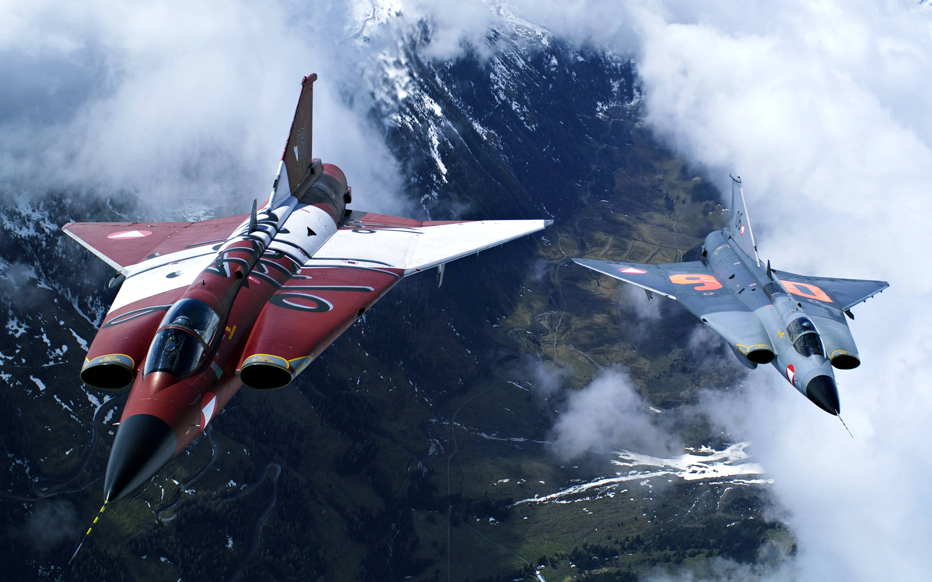 fighter jets, clouds, snow-capped mountains, 4K Desktop Wallpaper
