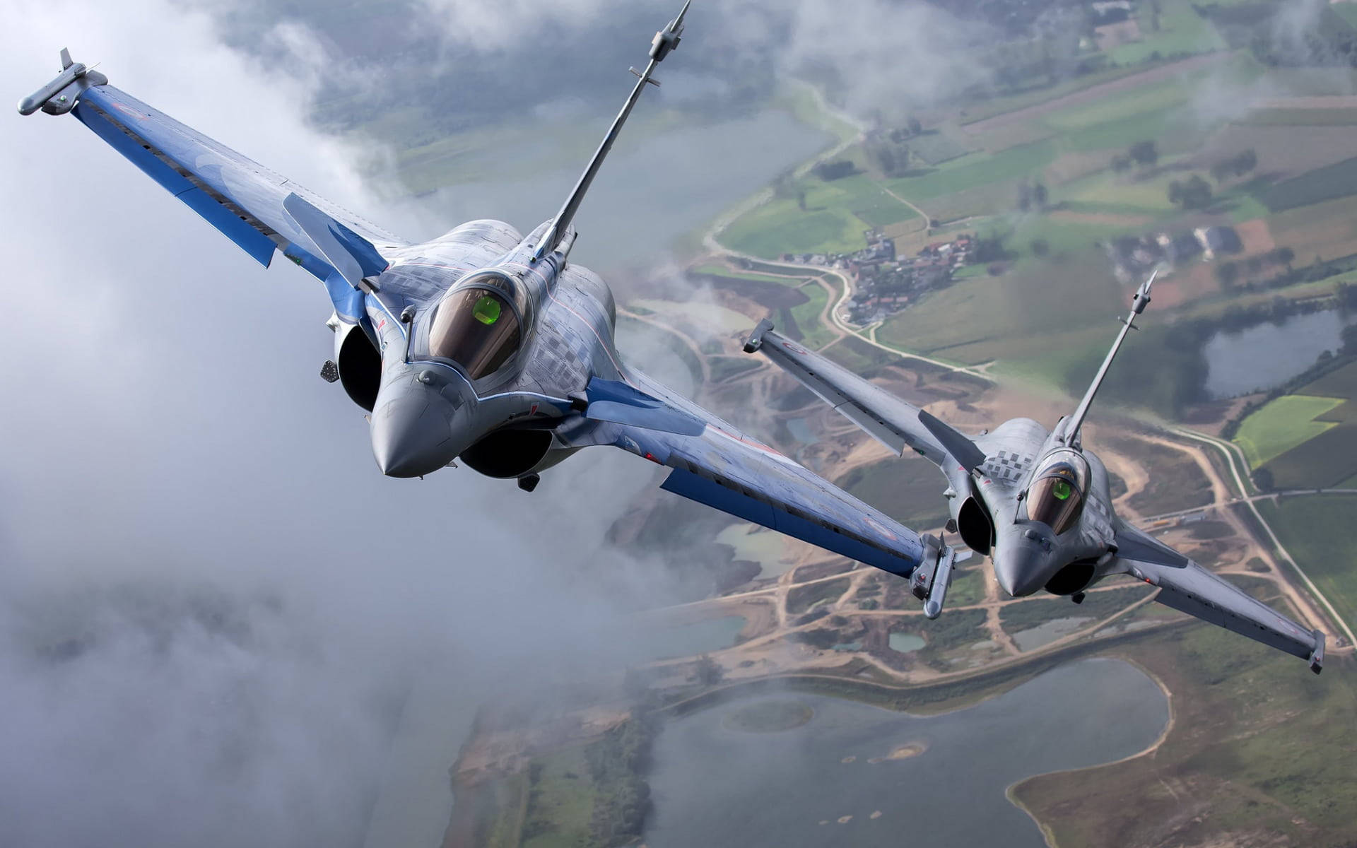 blue and white fighter military aircraft, sleek fighter jets, cloudy skies, Full HD Desktop Wallpaper