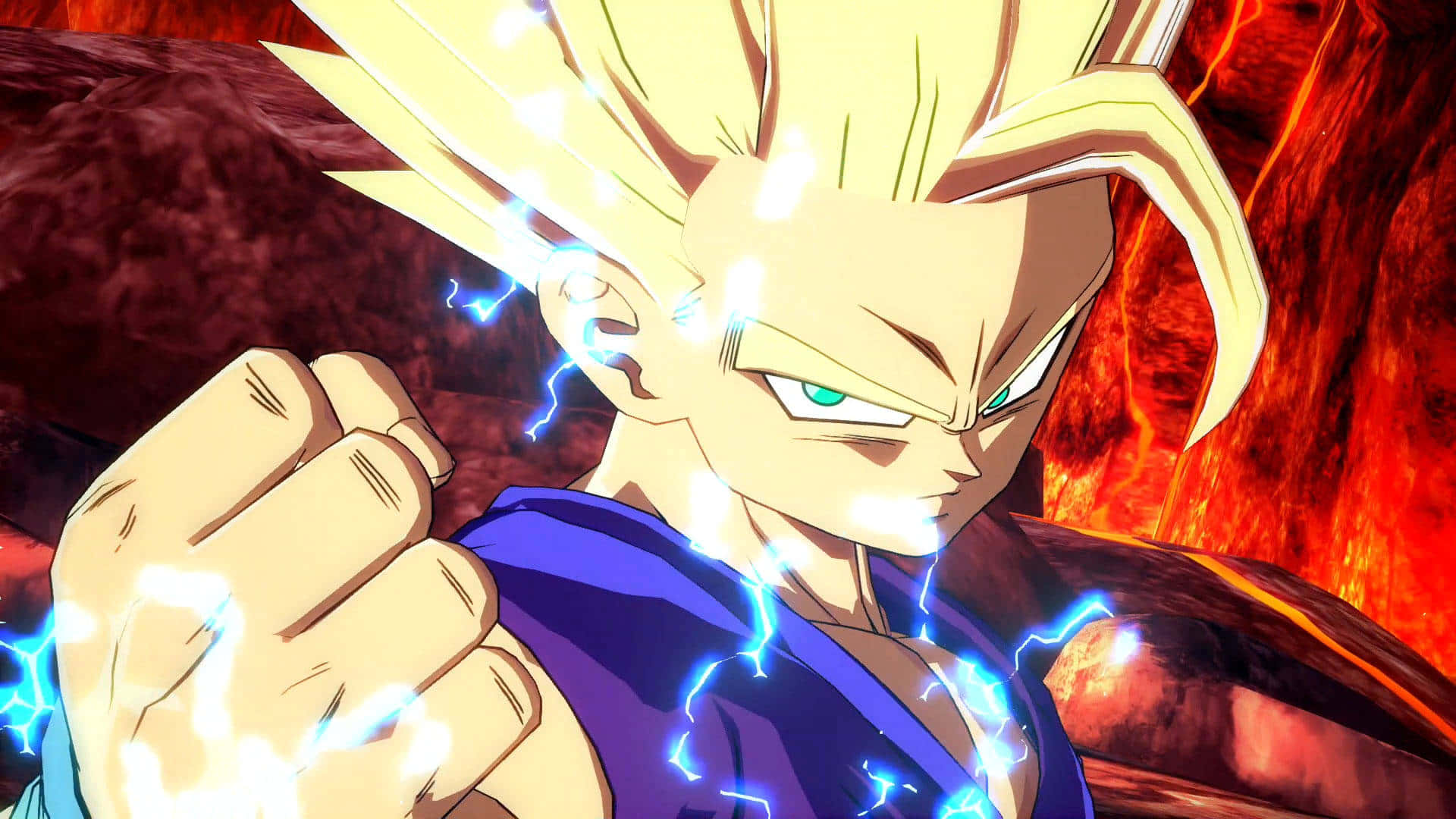 spiky-haired anime warrior, glowing blue lightning, fiery red background, Full HD Desktop Wallpaper
