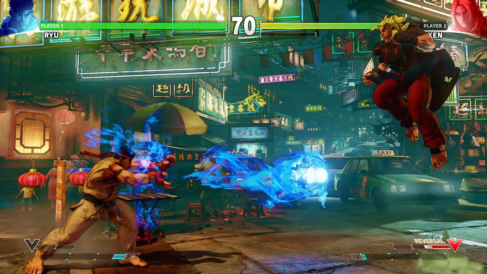 neon-lit urban alley, glowing blue energy effects, Japanese signage, Full HD Desktop Wallpaper