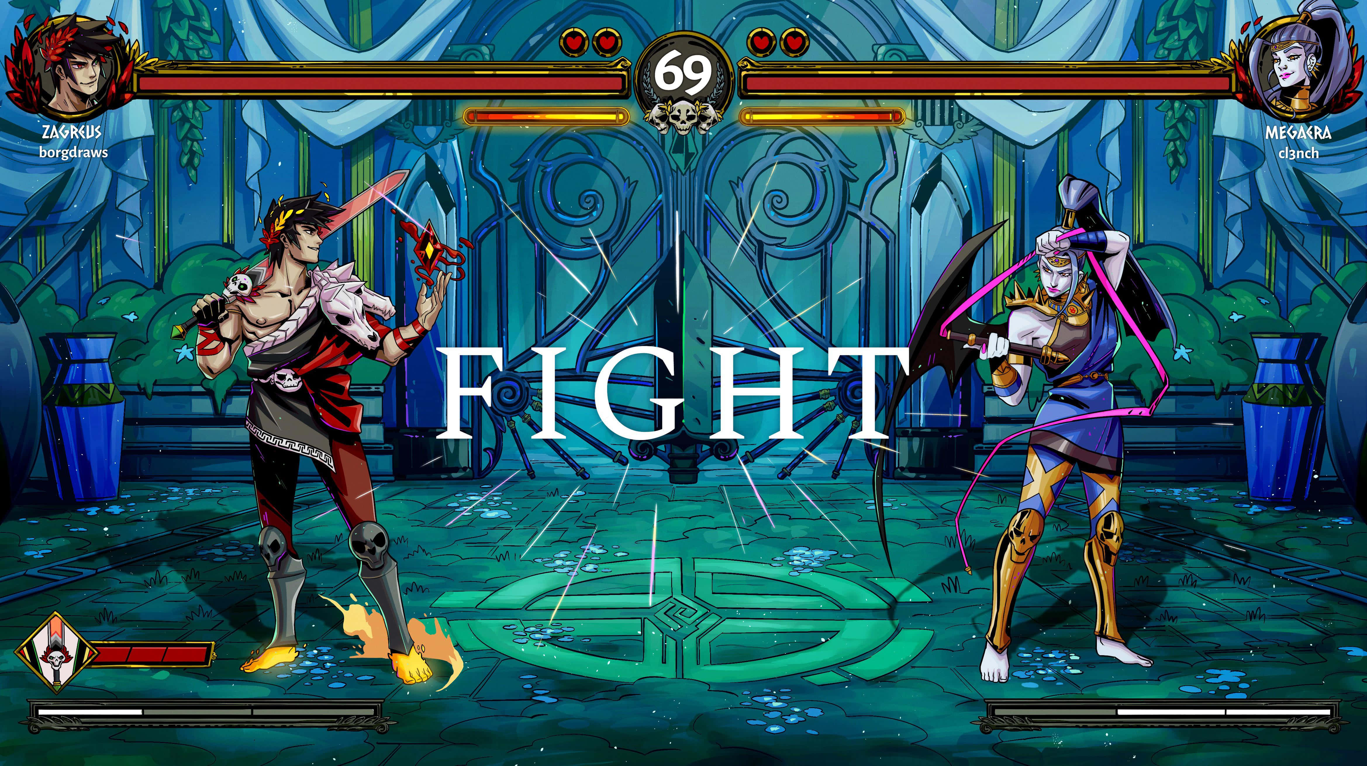 FIGHT, glowing blue ornate arena, stylized fighters, 4K Desktop Wallpaper
