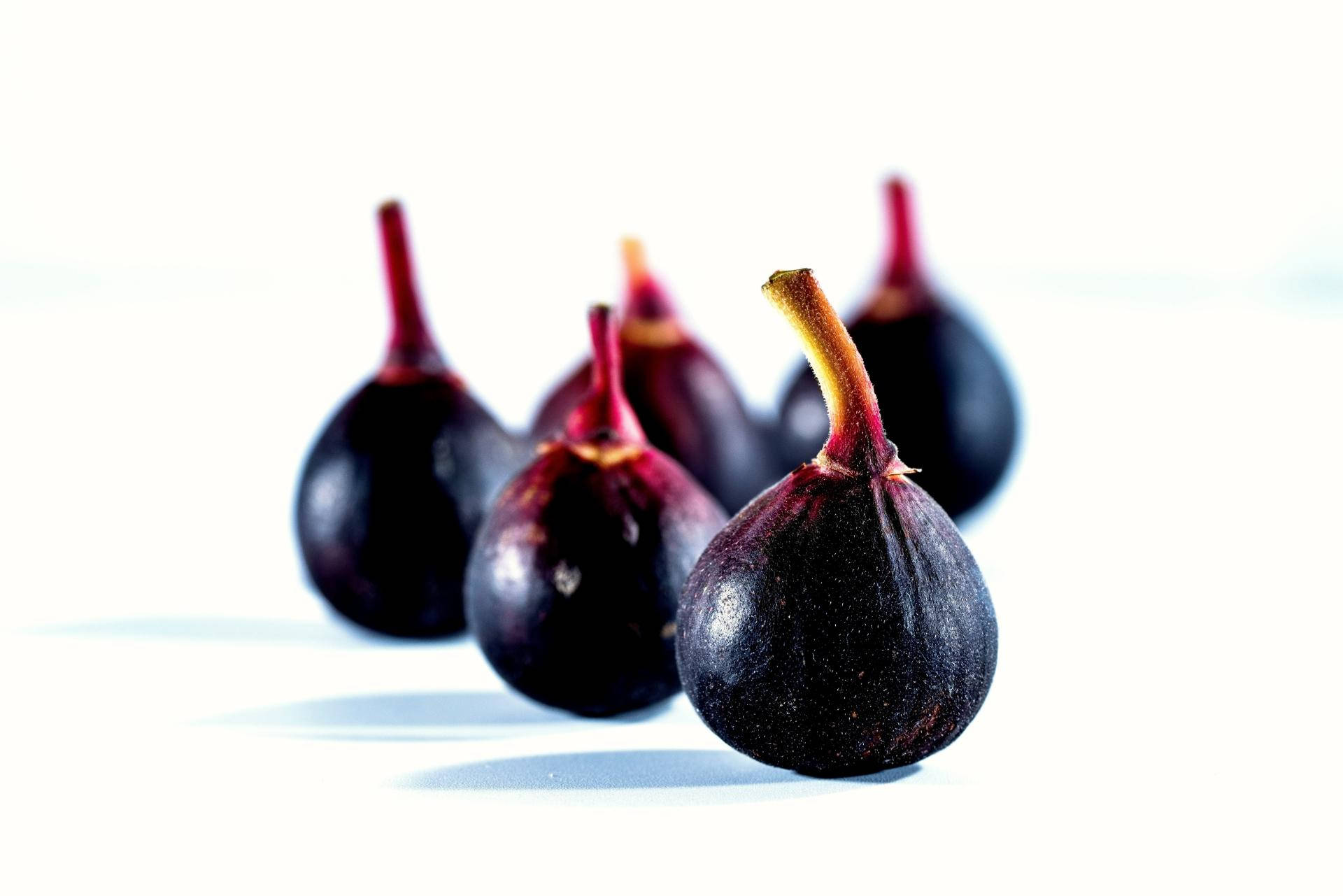 five plump black figs, dark purple figs, red stems, Full HD Desktop Wallpaper