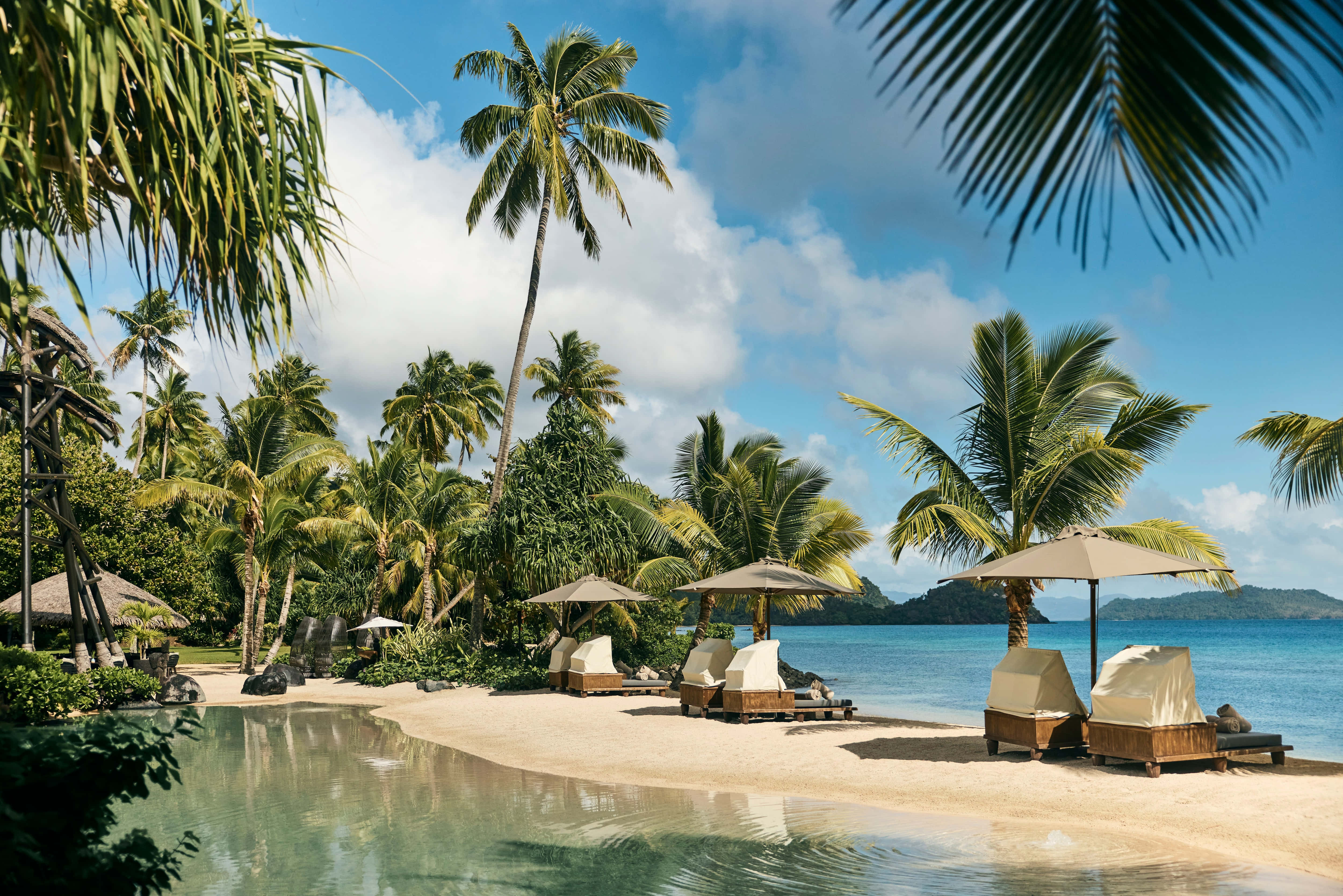 Fiji Beach, turquoise lagoon, palm trees, 4K Desktop Wallpaper