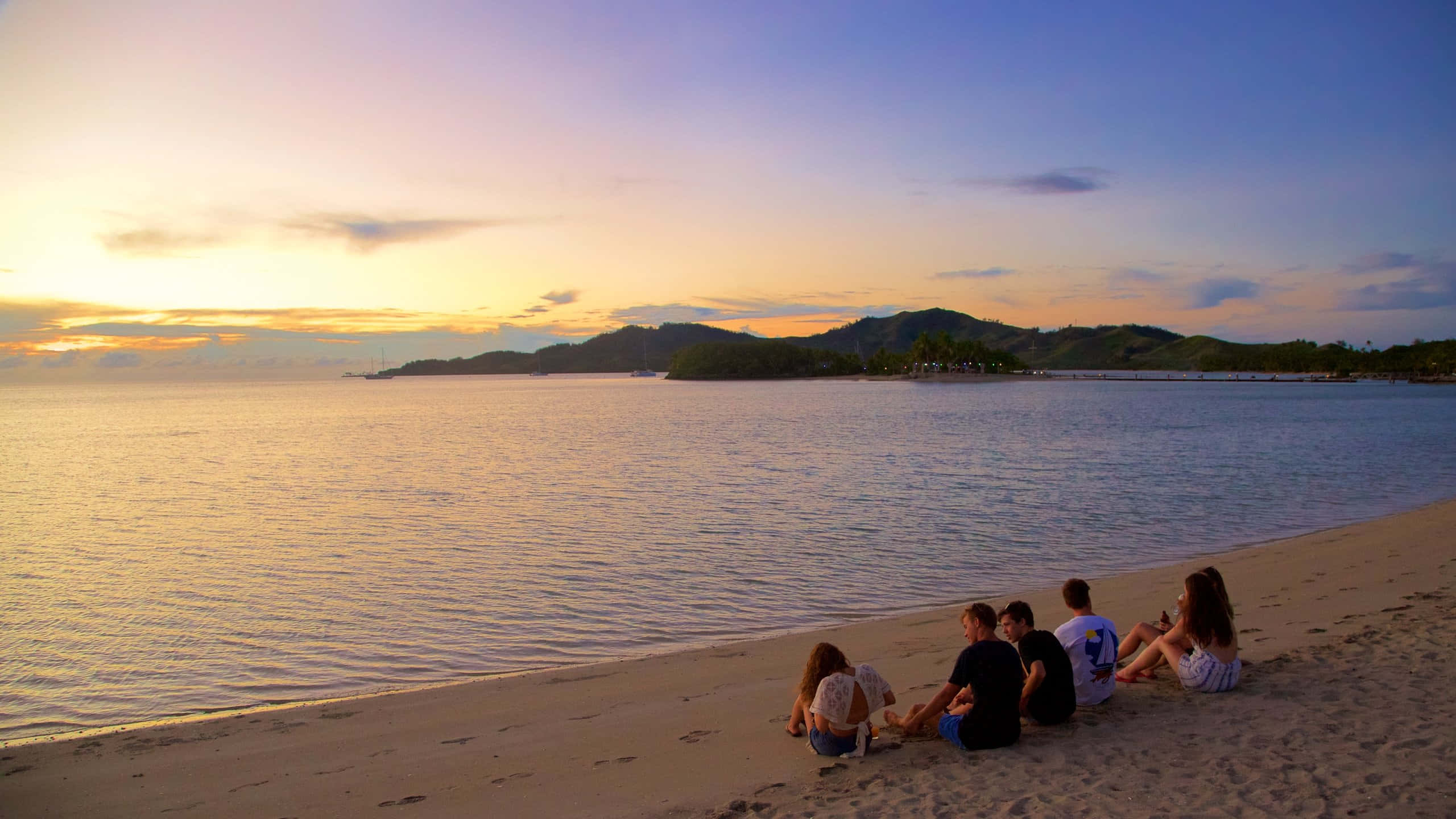 Fiji Beach, sunset, golden sky, 2K Desktop Wallpaper