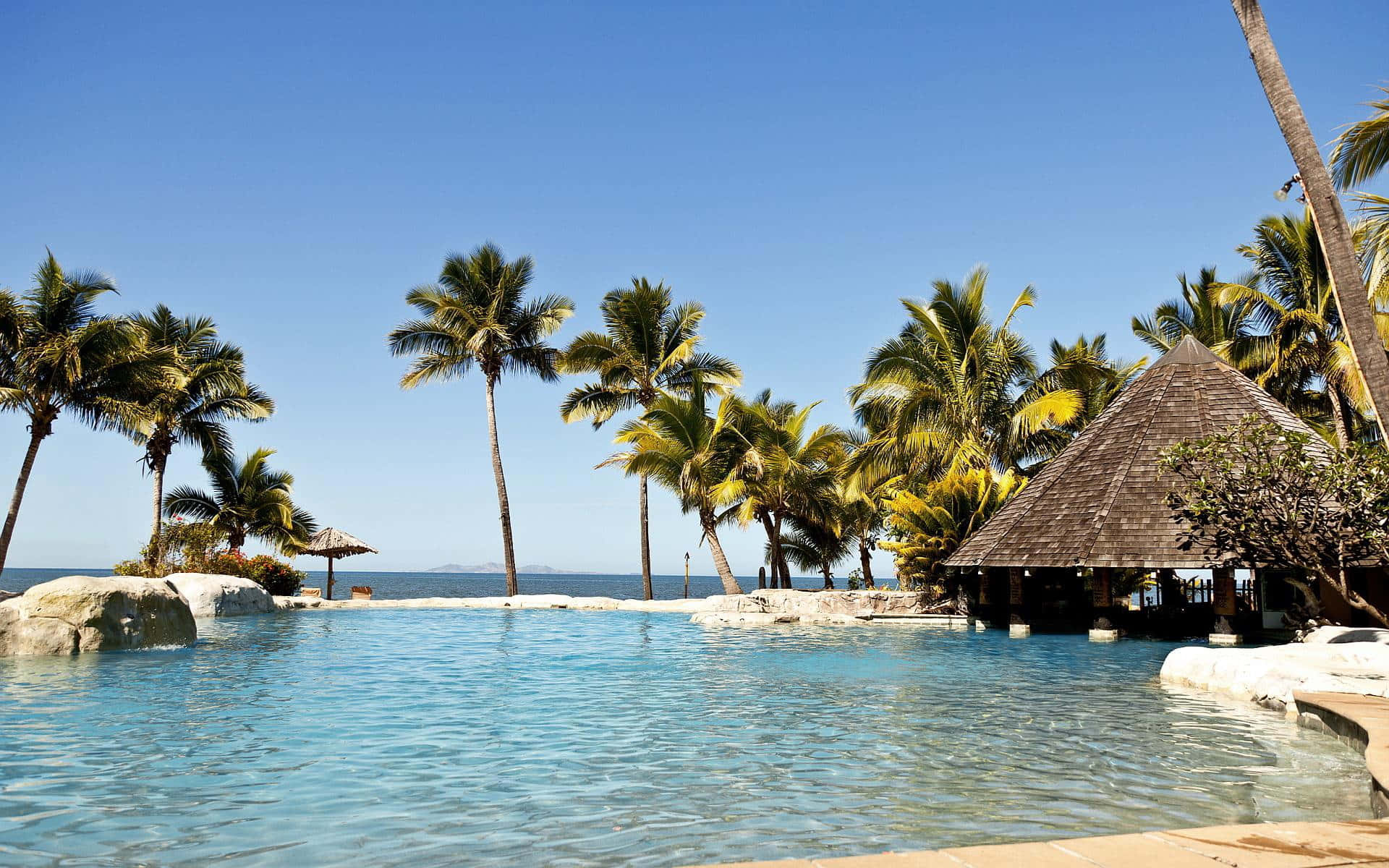 Fiji Beach, infinity pool, turquoise ocean, Full HD Desktop Wallpaper