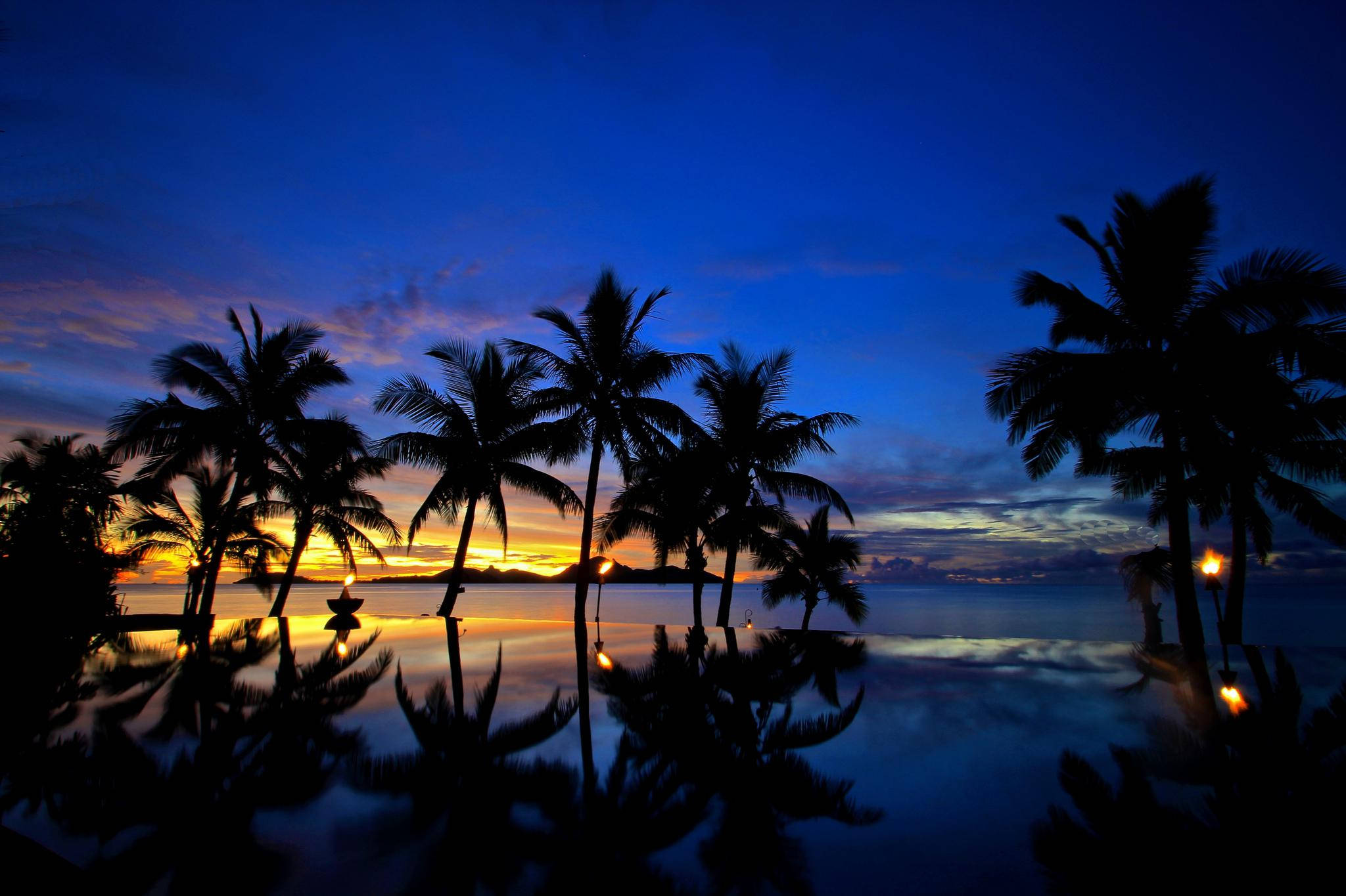 Fiji, palm trees, sunset, Full HD Desktop Wallpaper