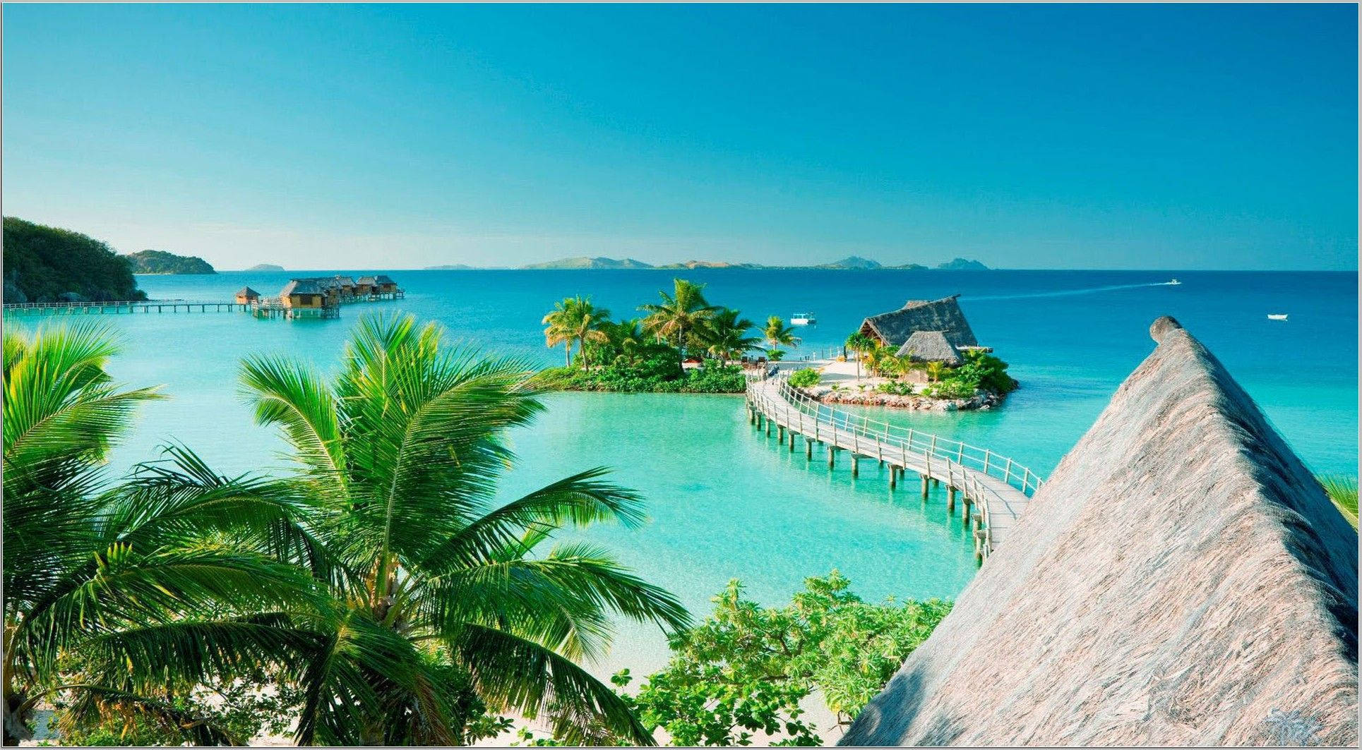 Fiji, turquoise lagoons, palm trees, Full HD Desktop Wallpaper