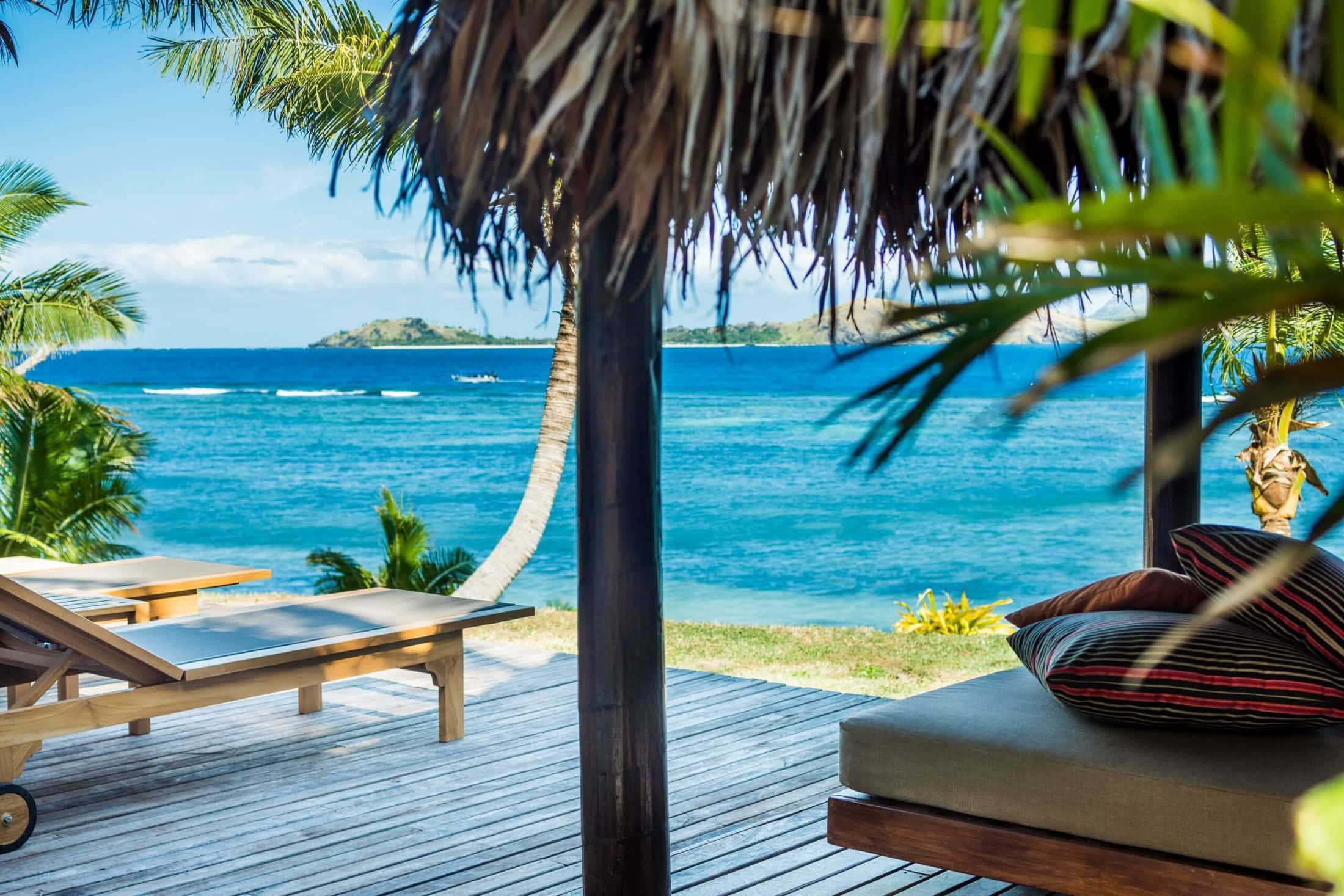 Fiji, turquoise ocean, thatched roof, Full HD Desktop Wallpaper
