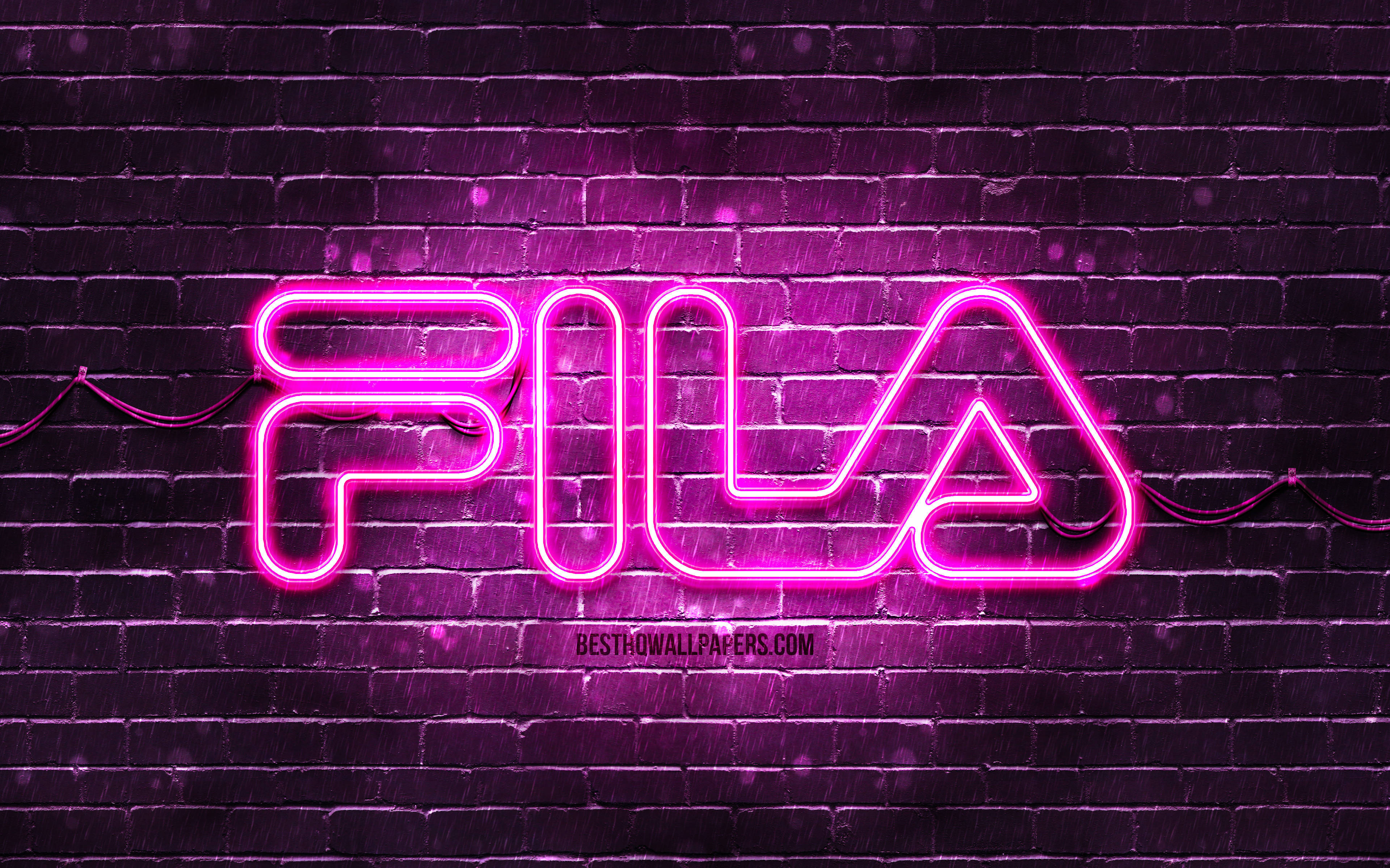 Fila, pink neon Fila logo, dark wet brick wall, 4K Desktop Wallpaper