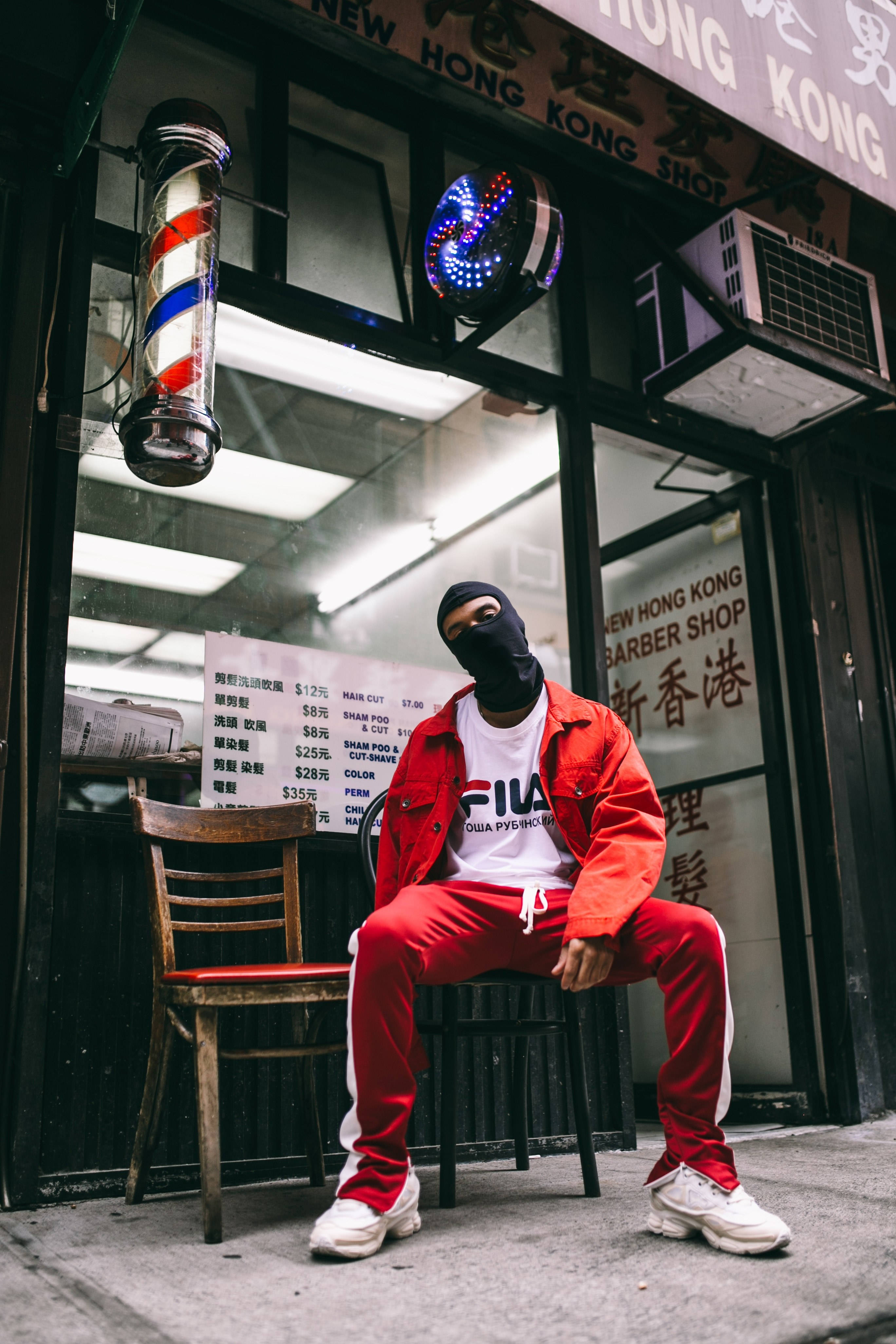 Fila, red tracksuit, black balaclava, 4K Phone Wallpaper