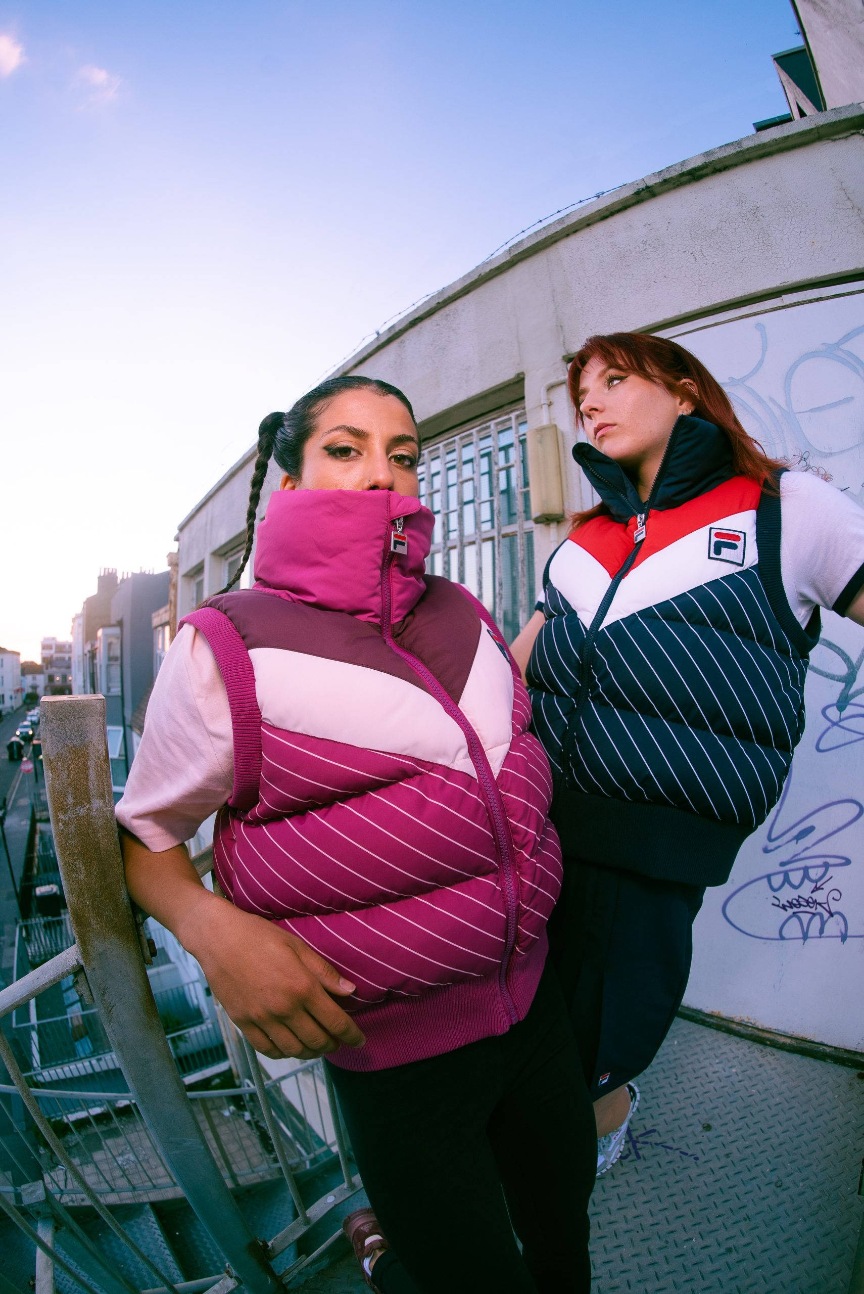 Fila, puffer vests, urban rooftop, 2K Phone Wallpaper
