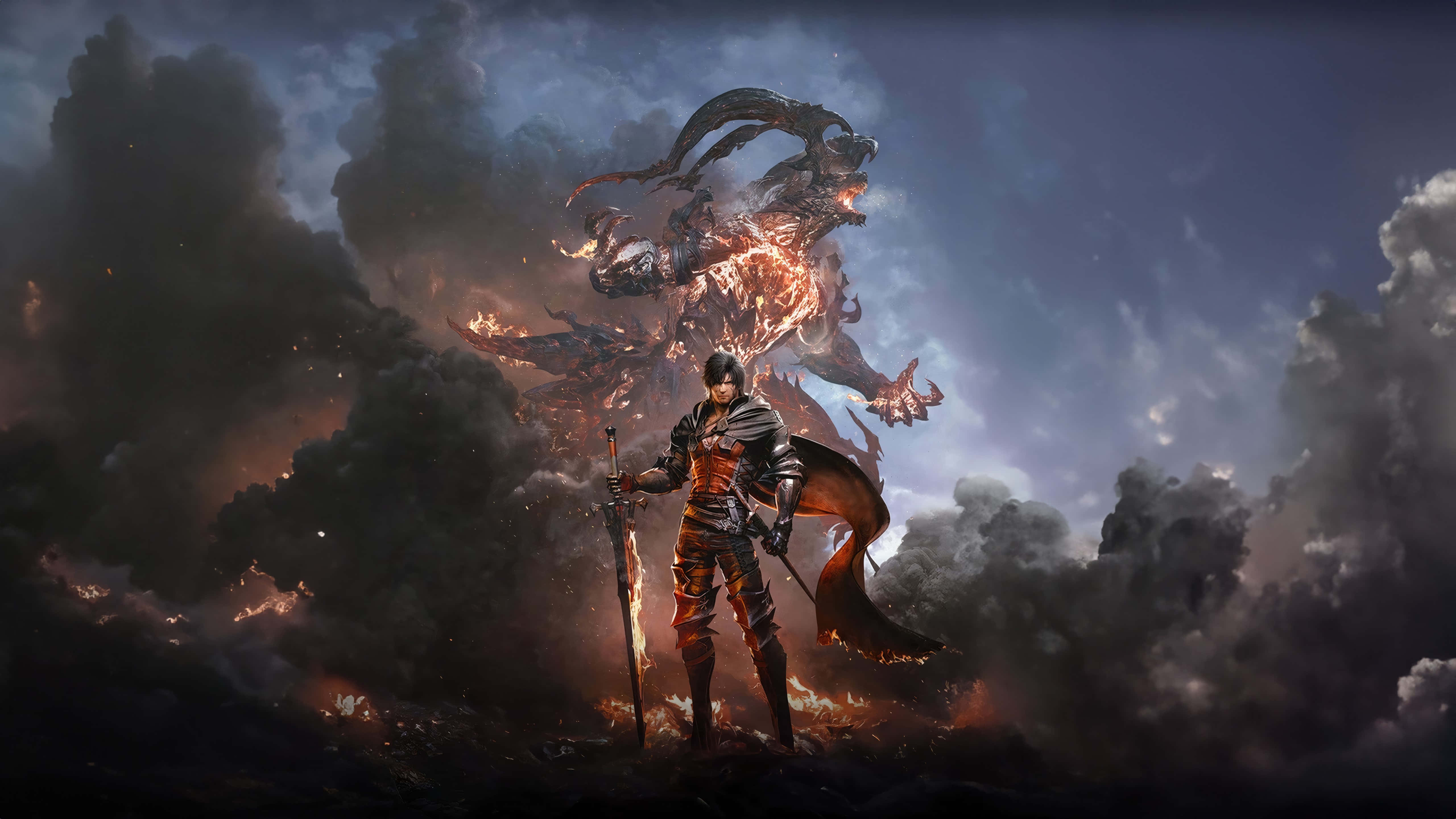 Final Fantasy 16, warrior in dark armor, colossal fiery dragon, 5K Desktop Wallpaper
