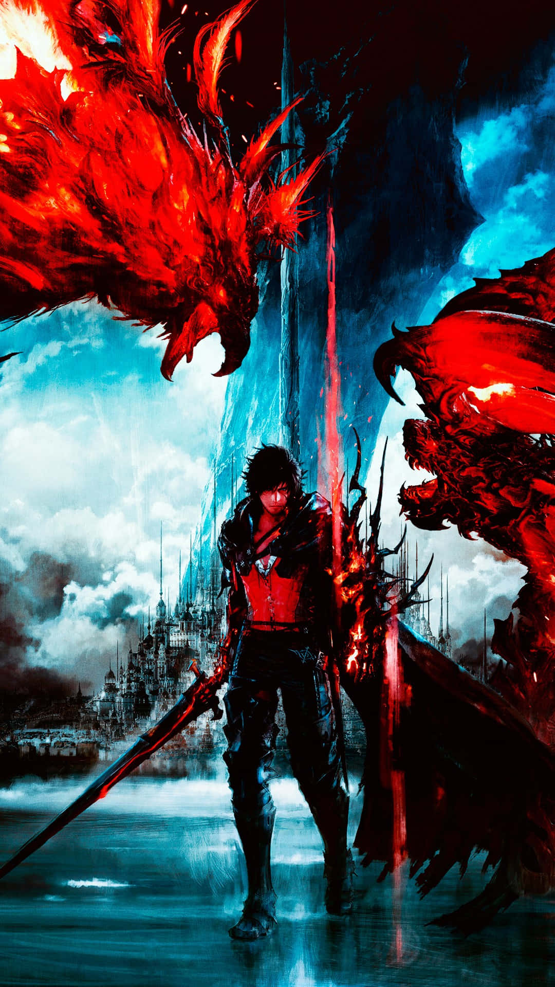 Final Fantasy 16, red dragons, stormy cityscape, Full HD Phone Wallpaper