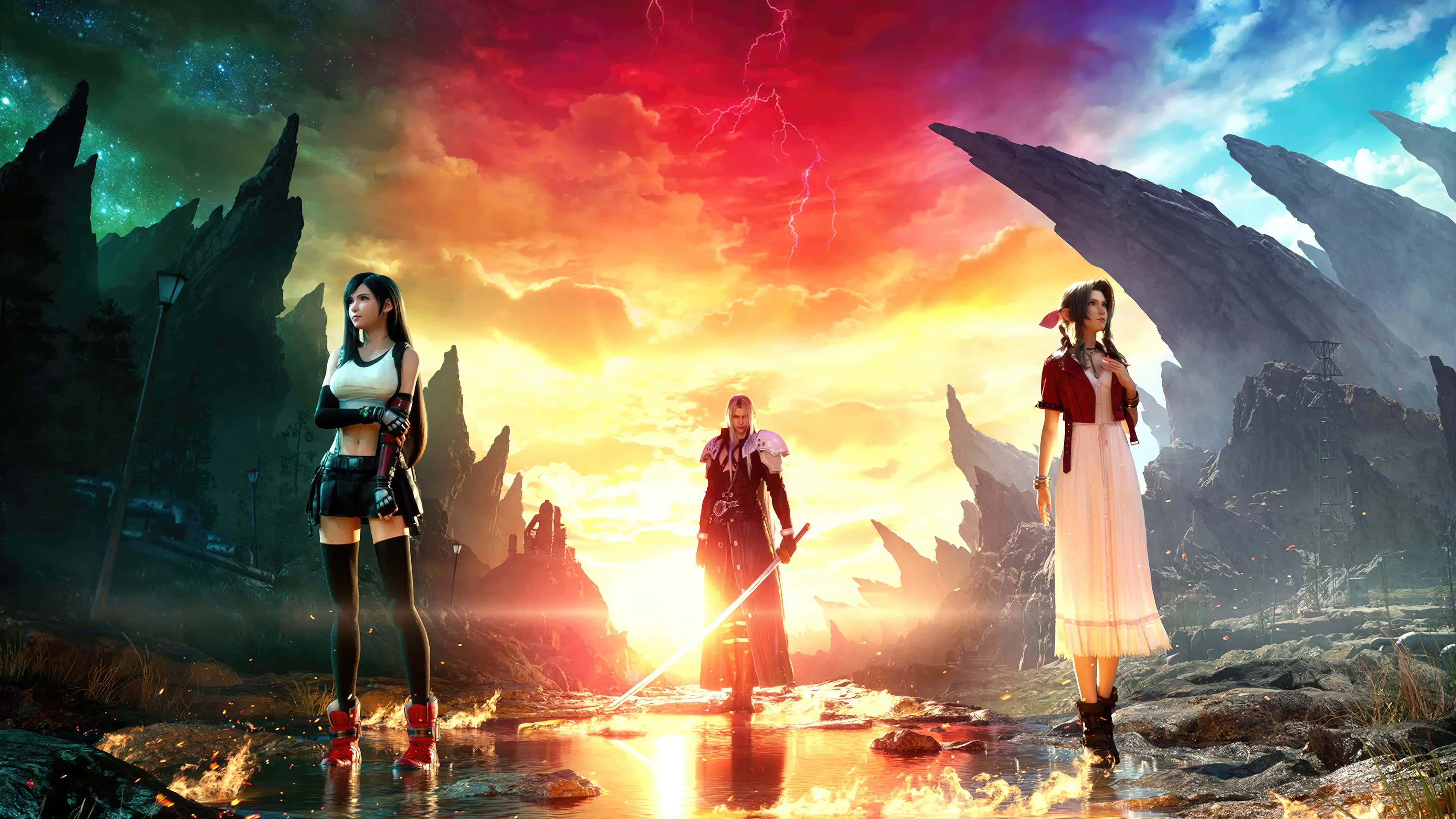 Final Fantasy 7 Rebirth, characters, fiery sunset, 4K Desktop Wallpaper