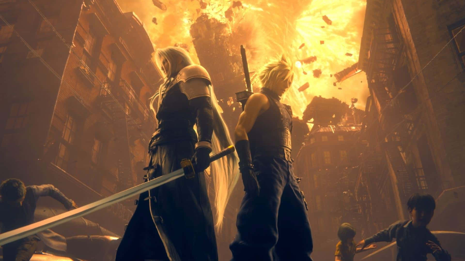 Final Fantasy 7 Rebirth, armored warriors, ruined city street, Full HD Desktop Wallpaper