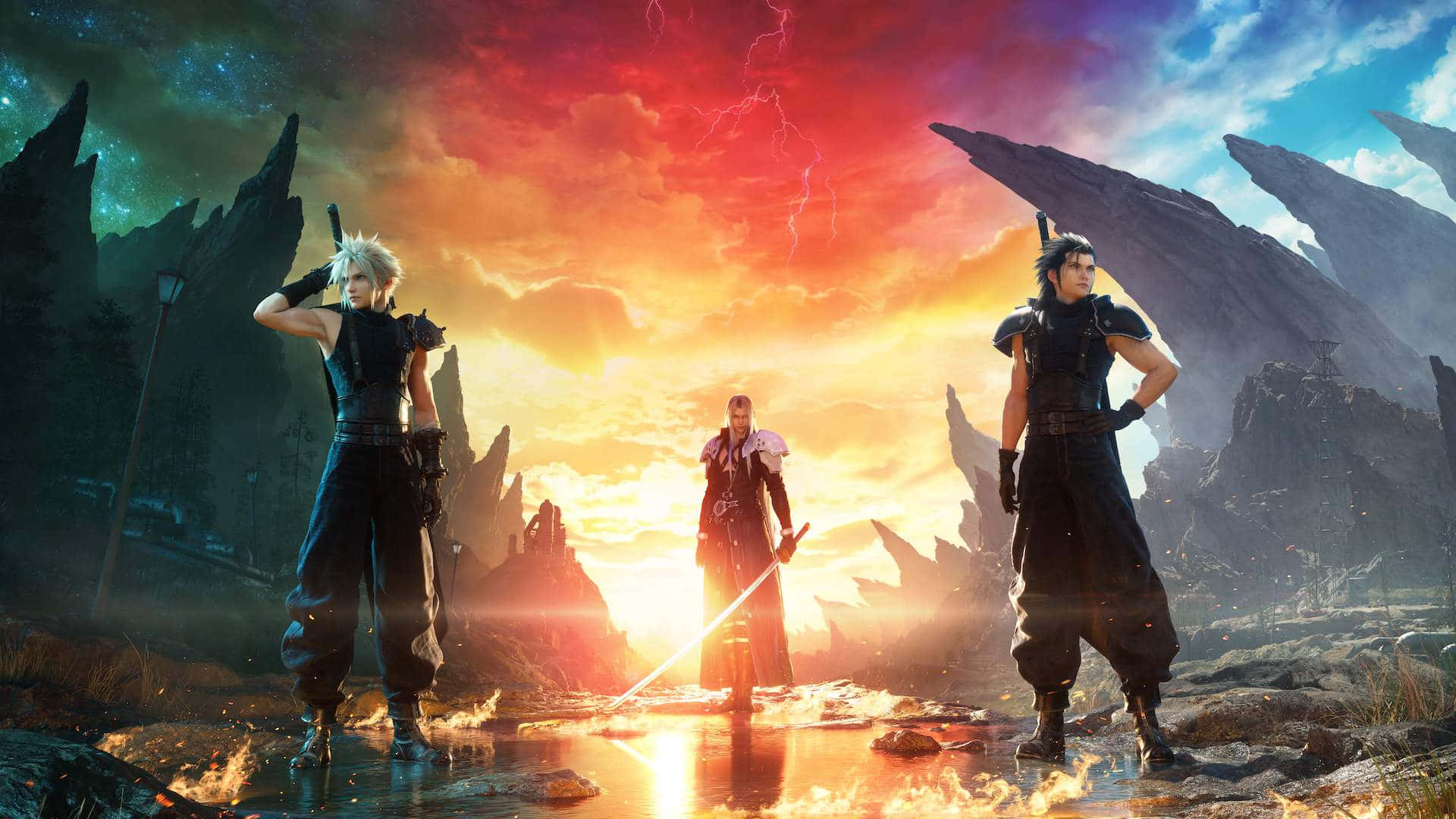 Final Fantasy 7 Rebirth, heroes stand, fiery sunset, Full HD Desktop Wallpaper