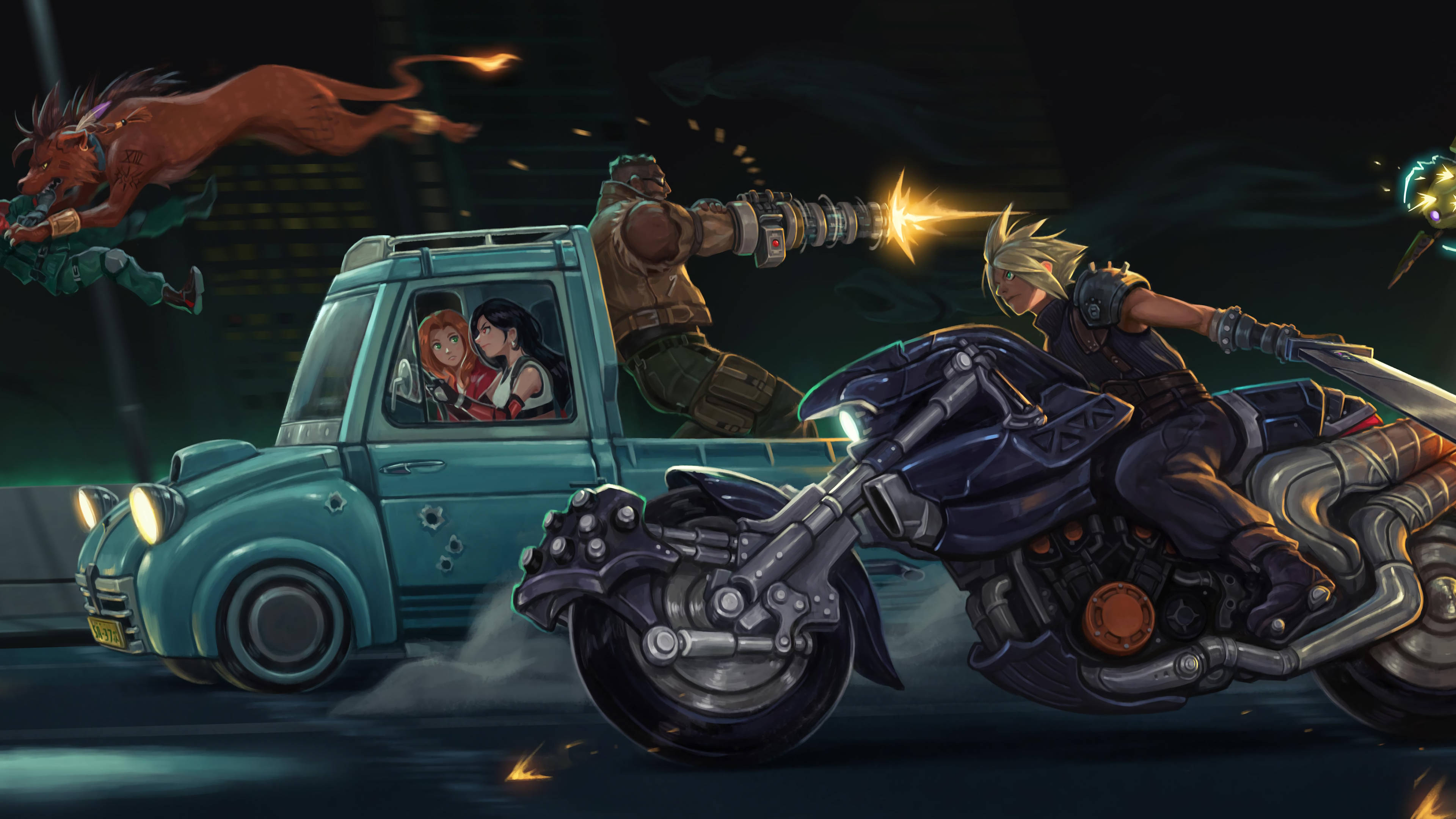 Final Fantasy 7, car chase, motorcyclist, 4K Desktop Wallpaper
