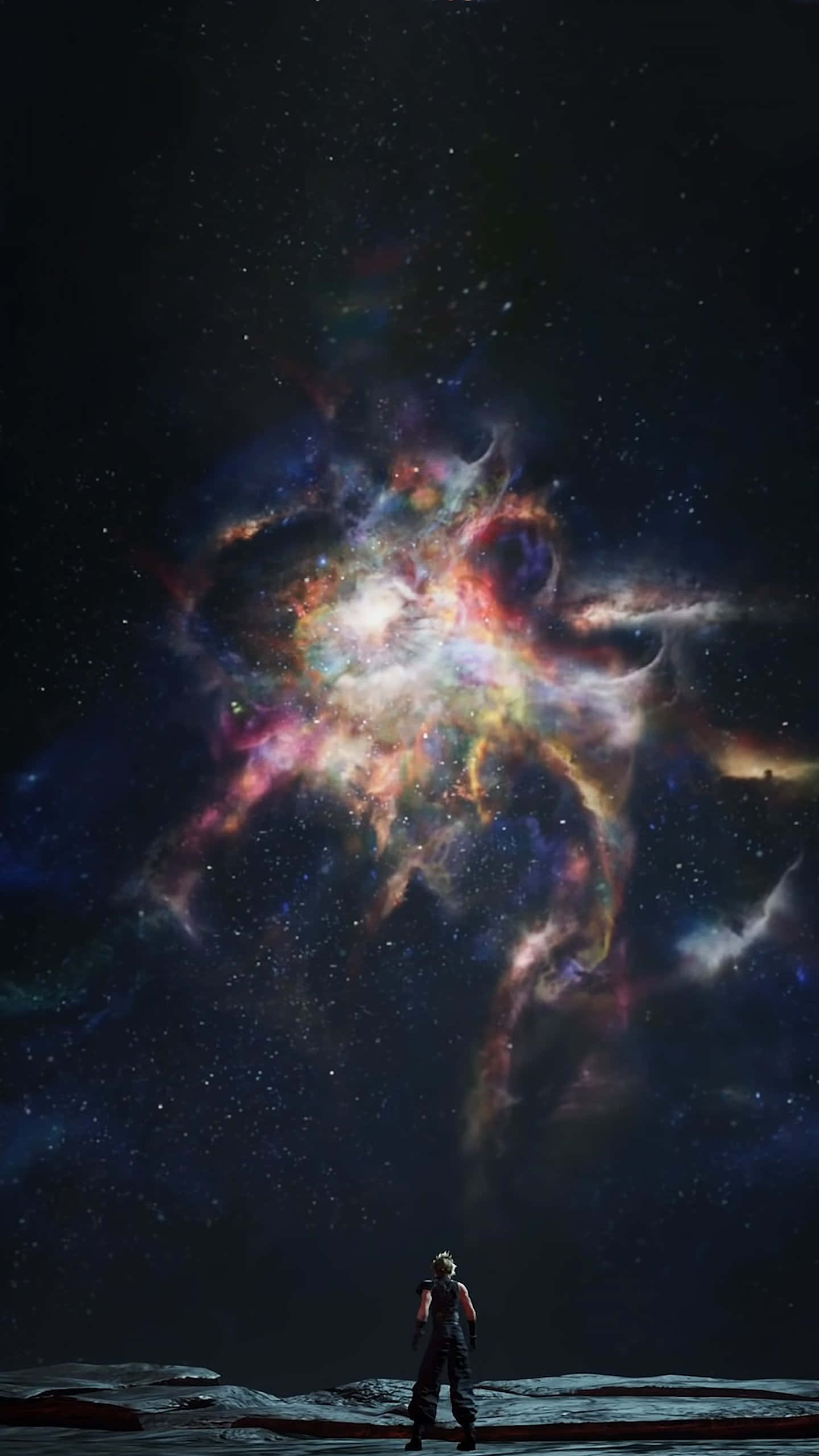Final Fantasy 7 Remake, cosmic nebula, desolate landscape, 2K Phone Wallpaper