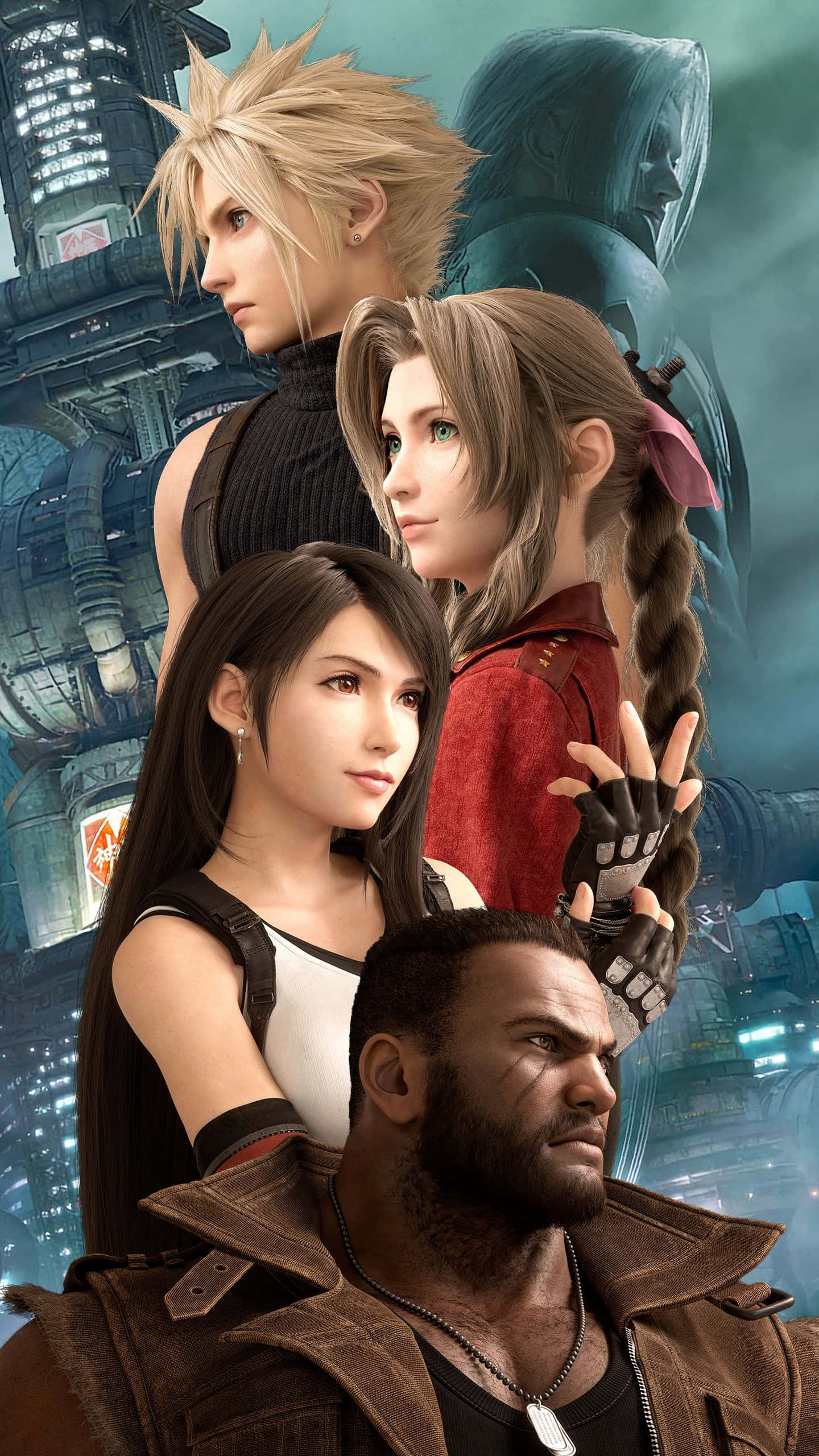 Final Fantasy 7 Remake, anime-style video game characters, futuristic cityscape, 2K Phone Wallpaper