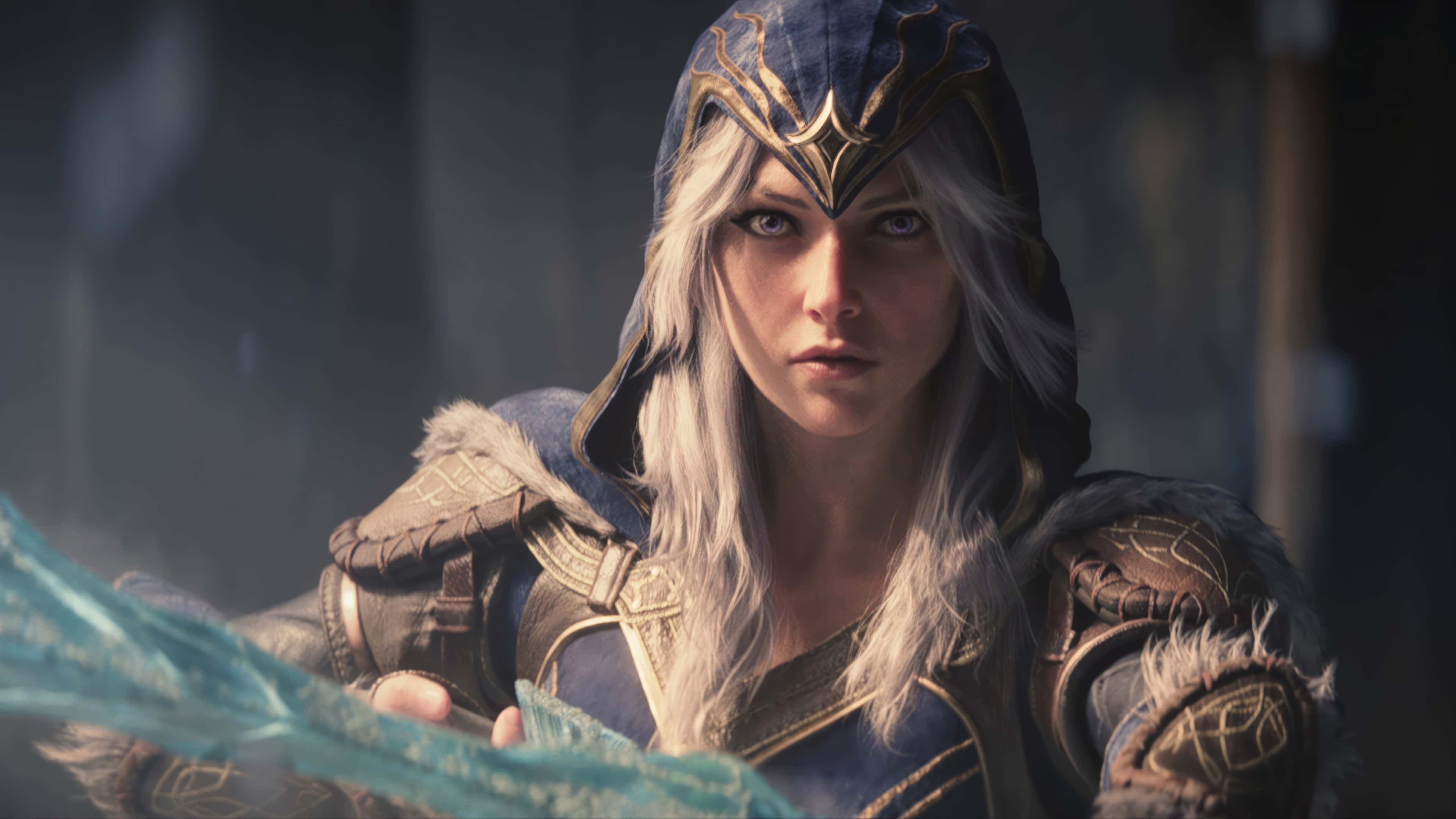Final Fantasy Ashe, silver hair, ornate blue armor, 4K Desktop Wallpaper