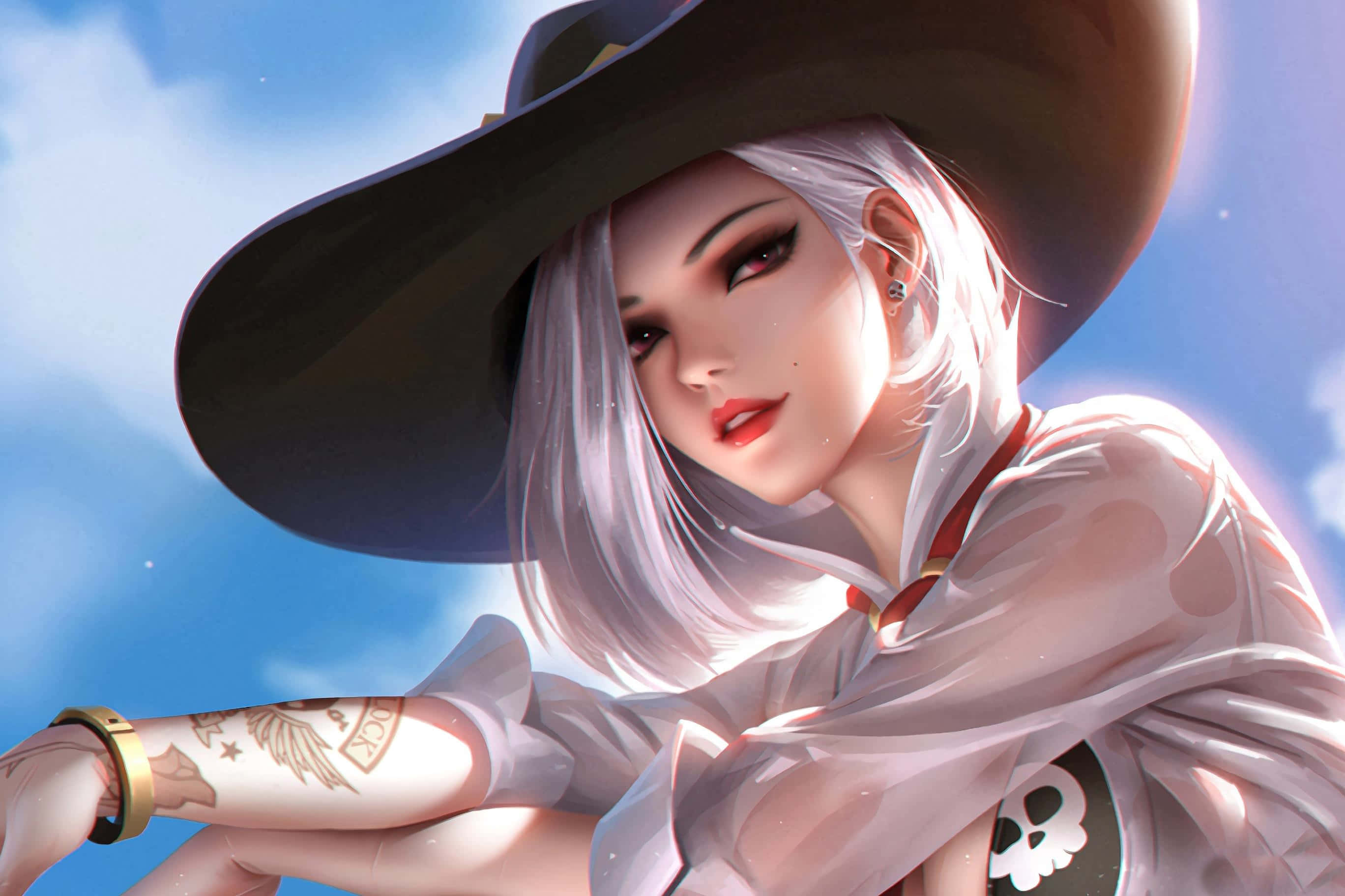 Final Fantasy Ashe, silver-haired anime witch, wide-brimmed hat, 2K Desktop Wallpaper