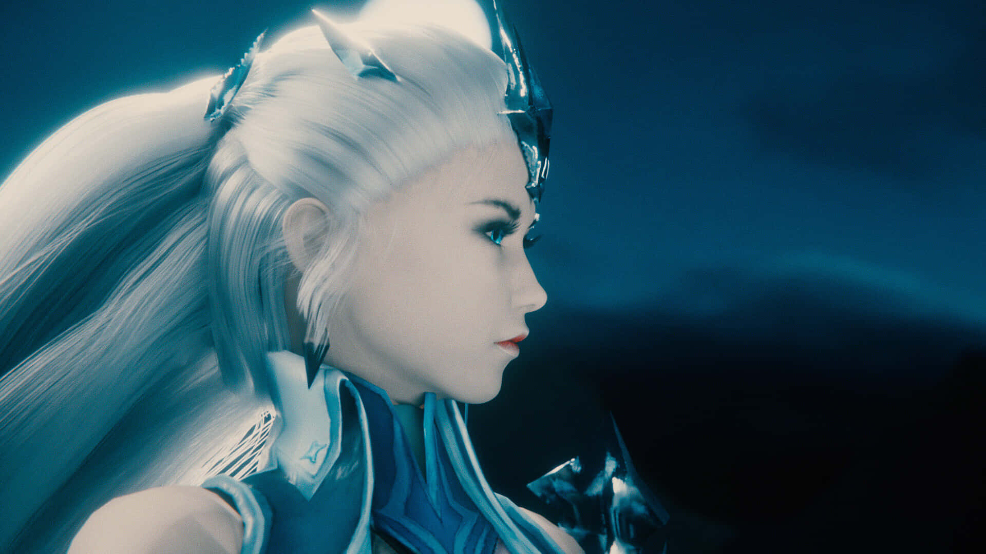 Final Fantasy Ashe, long white hair, glowing blue armor, Full HD Desktop Wallpaper