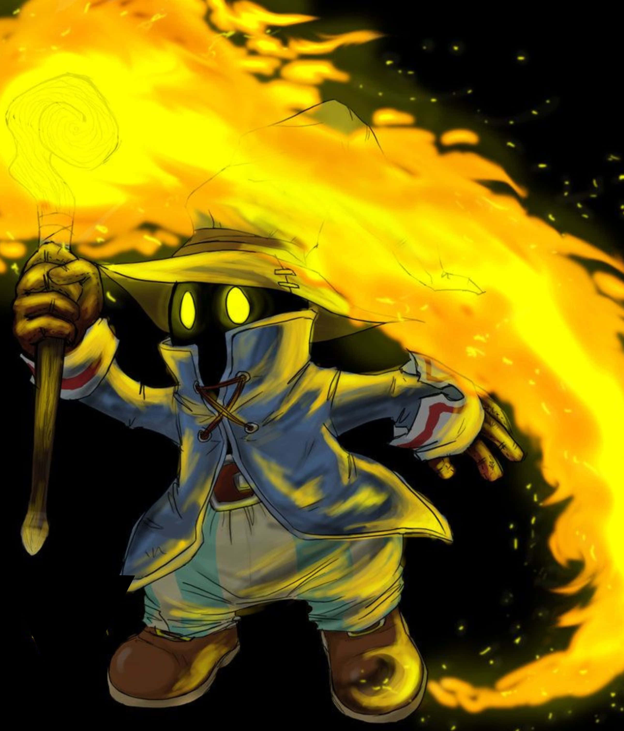 Final Fantasy Black Mage, fiery anime-style character, wide-brimmed hat, 2K Phone Wallpaper
