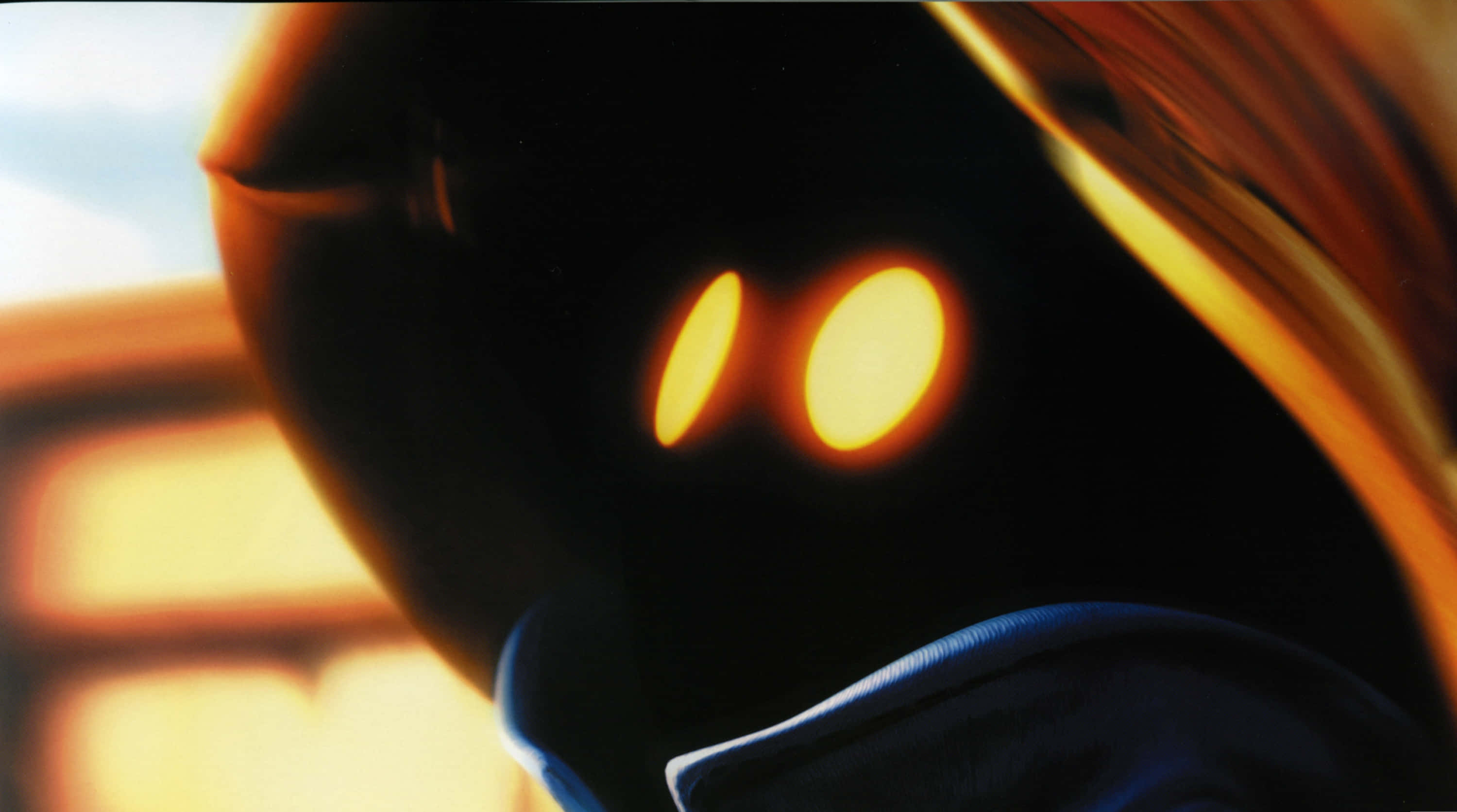 Final Fantasy Black Mage, glowing orange eyes, blue hooded garment, 2K Desktop Wallpaper