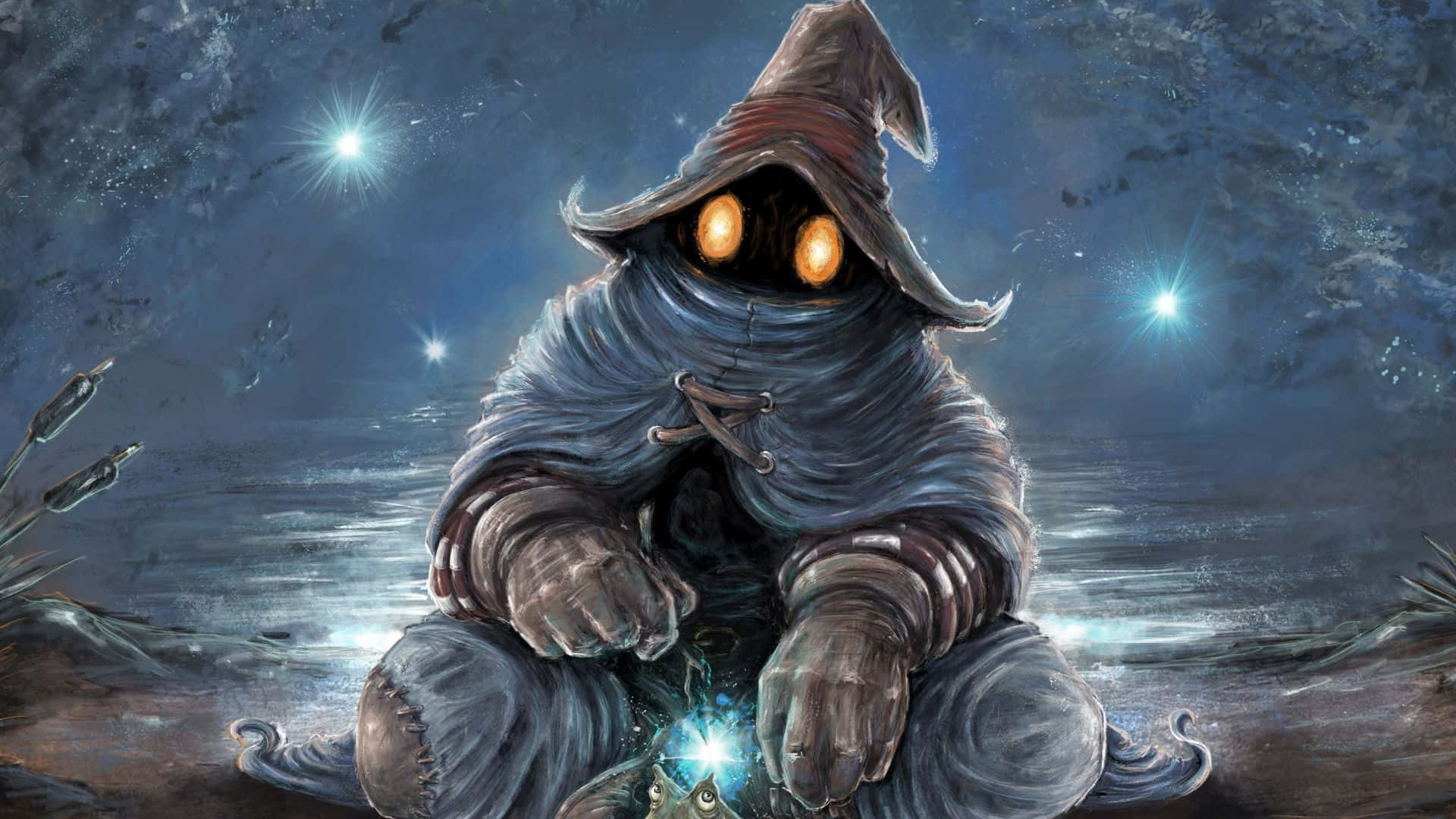 Final Fantasy Black Mage, hooded mystical creature, glowing orange eyes, Full HD Desktop Wallpaper