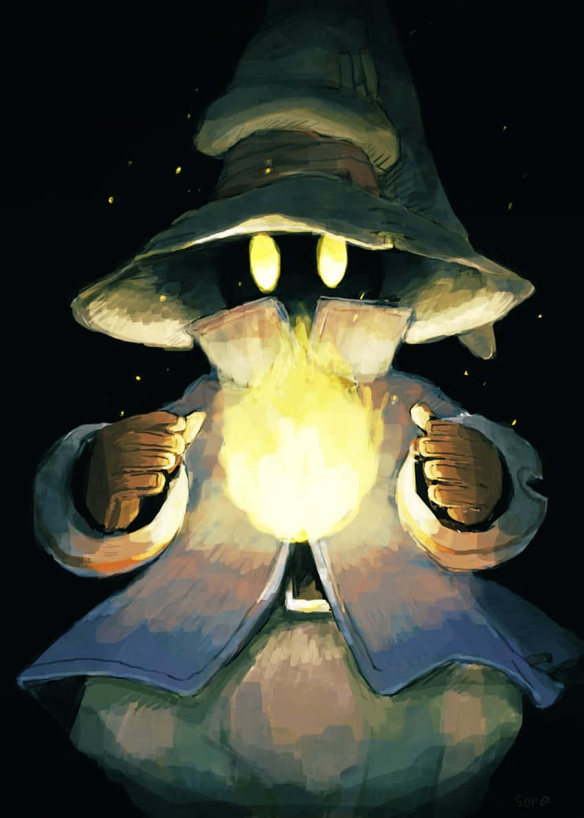 Final Fantasy Black Mage, glowing yellow eyes, bright flame, SD Phone Wallpaper