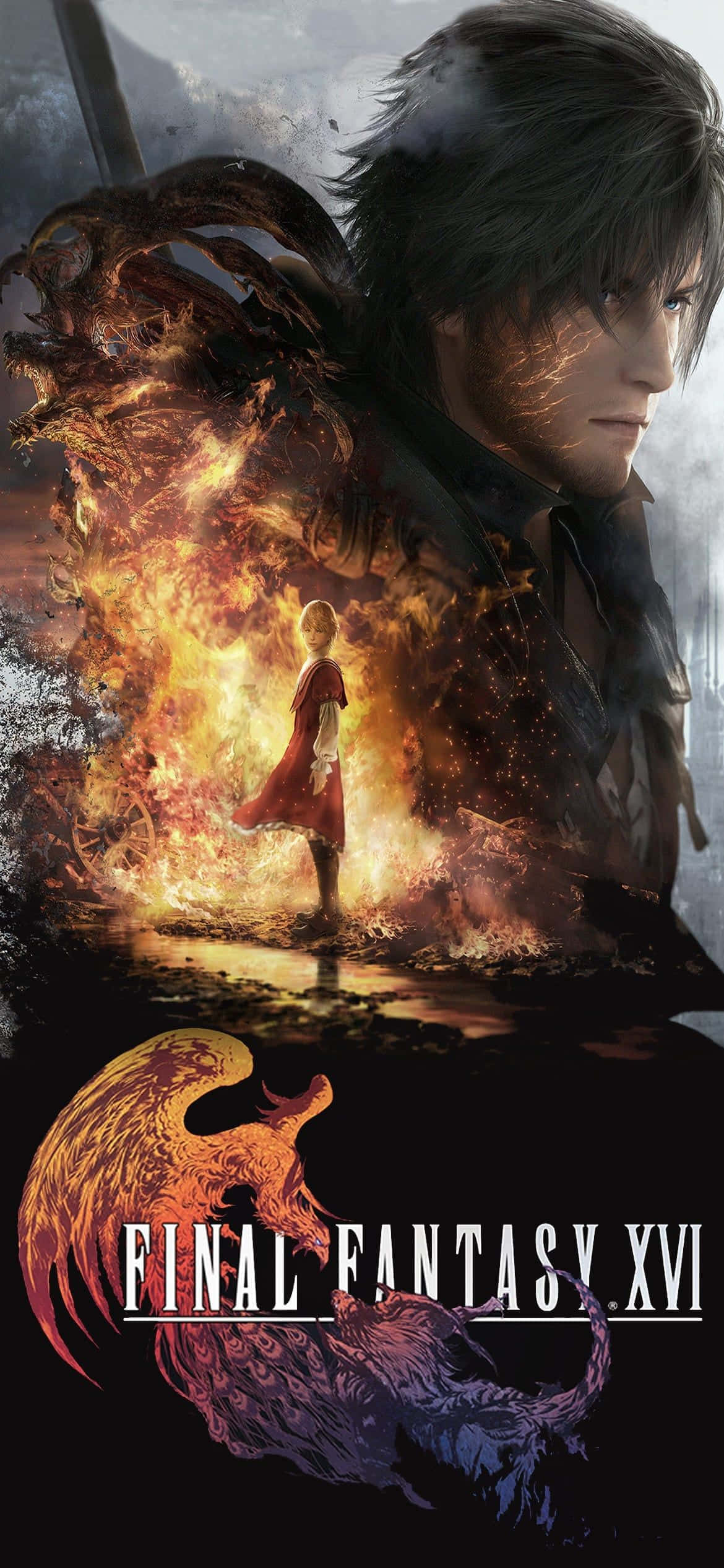 Final Fantasy 16, anime-style warrior, fiery phoenix, Full HD Phone Wallpaper