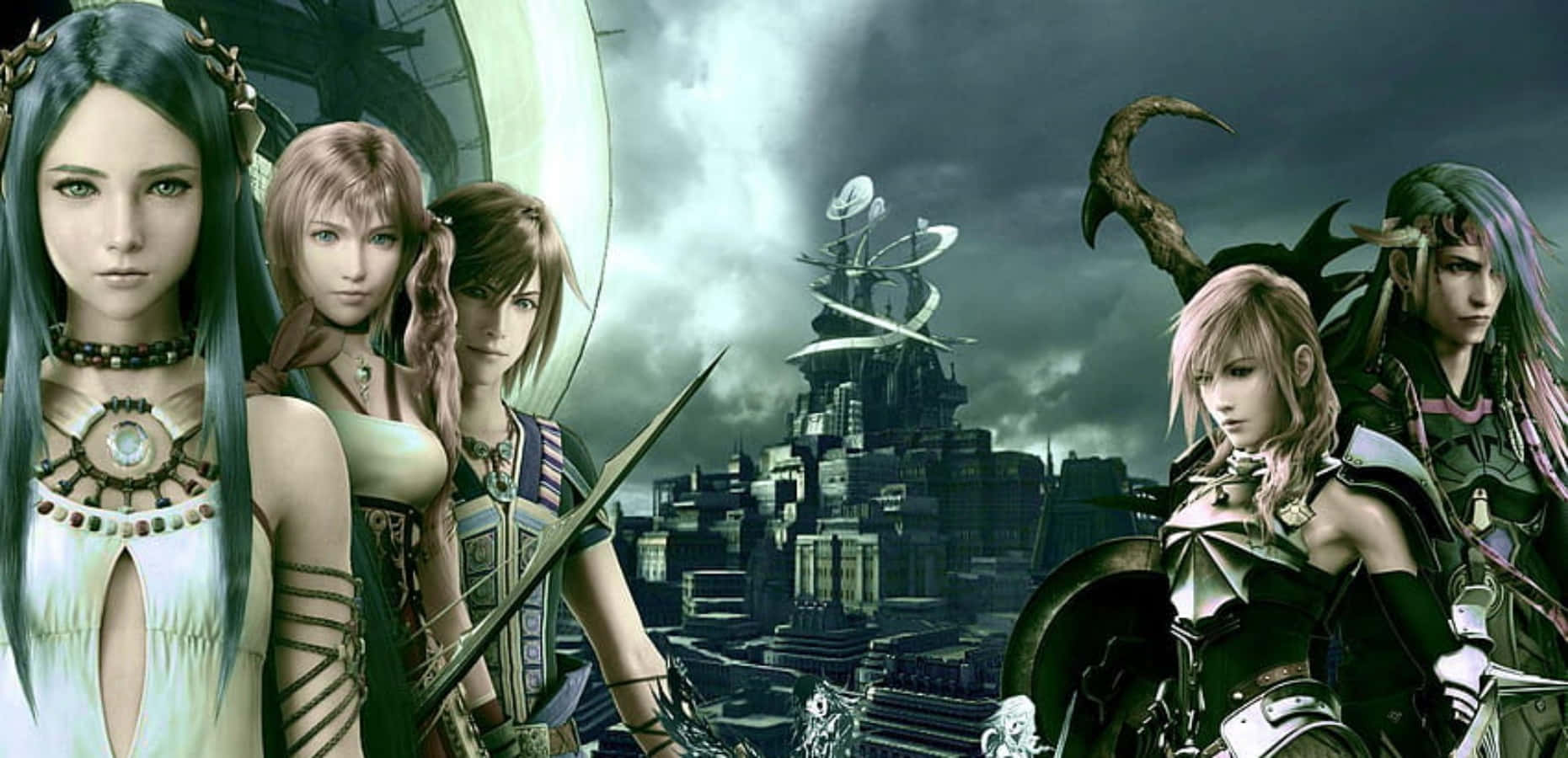 Final Fantasy Characters, dark futuristic city, stormy skies, HD Desktop Wallpaper