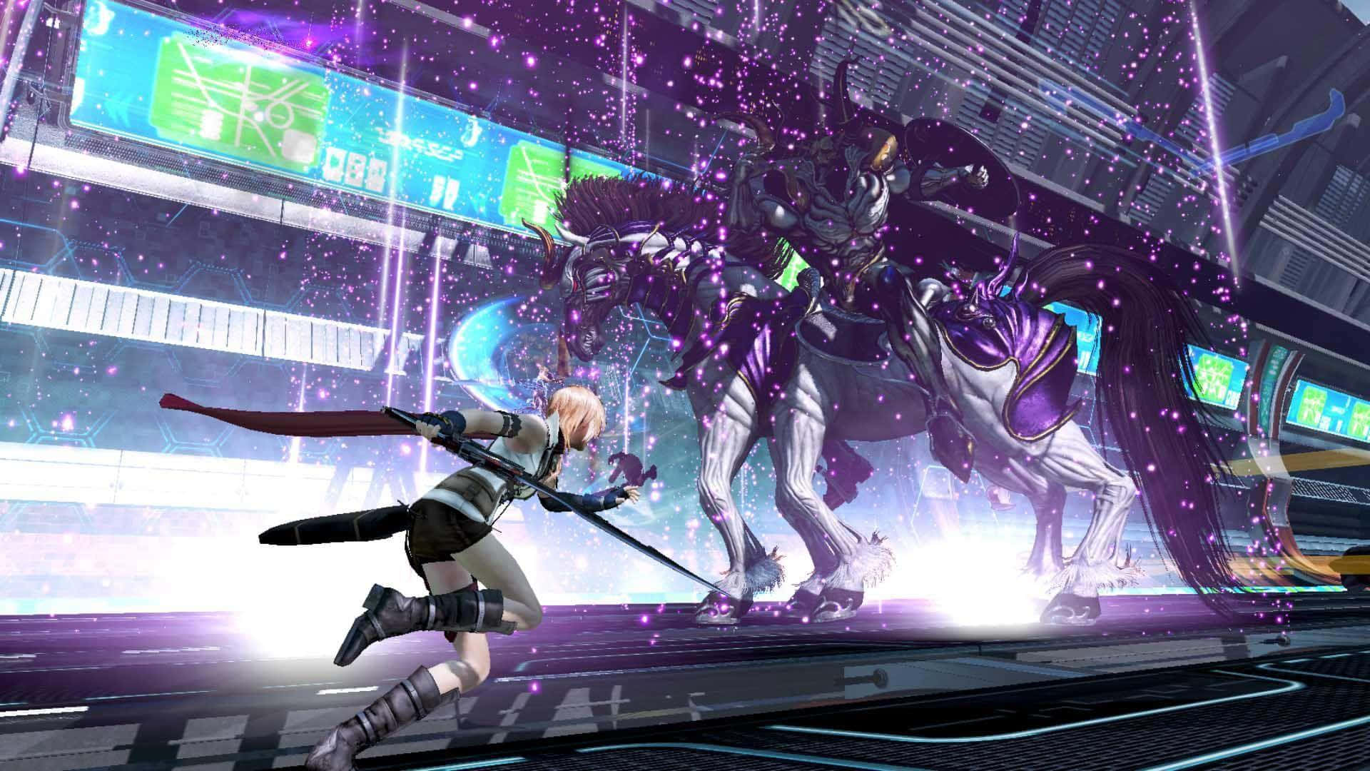 Final Fantasy Dissidia, blonde warrior, purple armored horse-like monster, Full HD Desktop Wallpaper