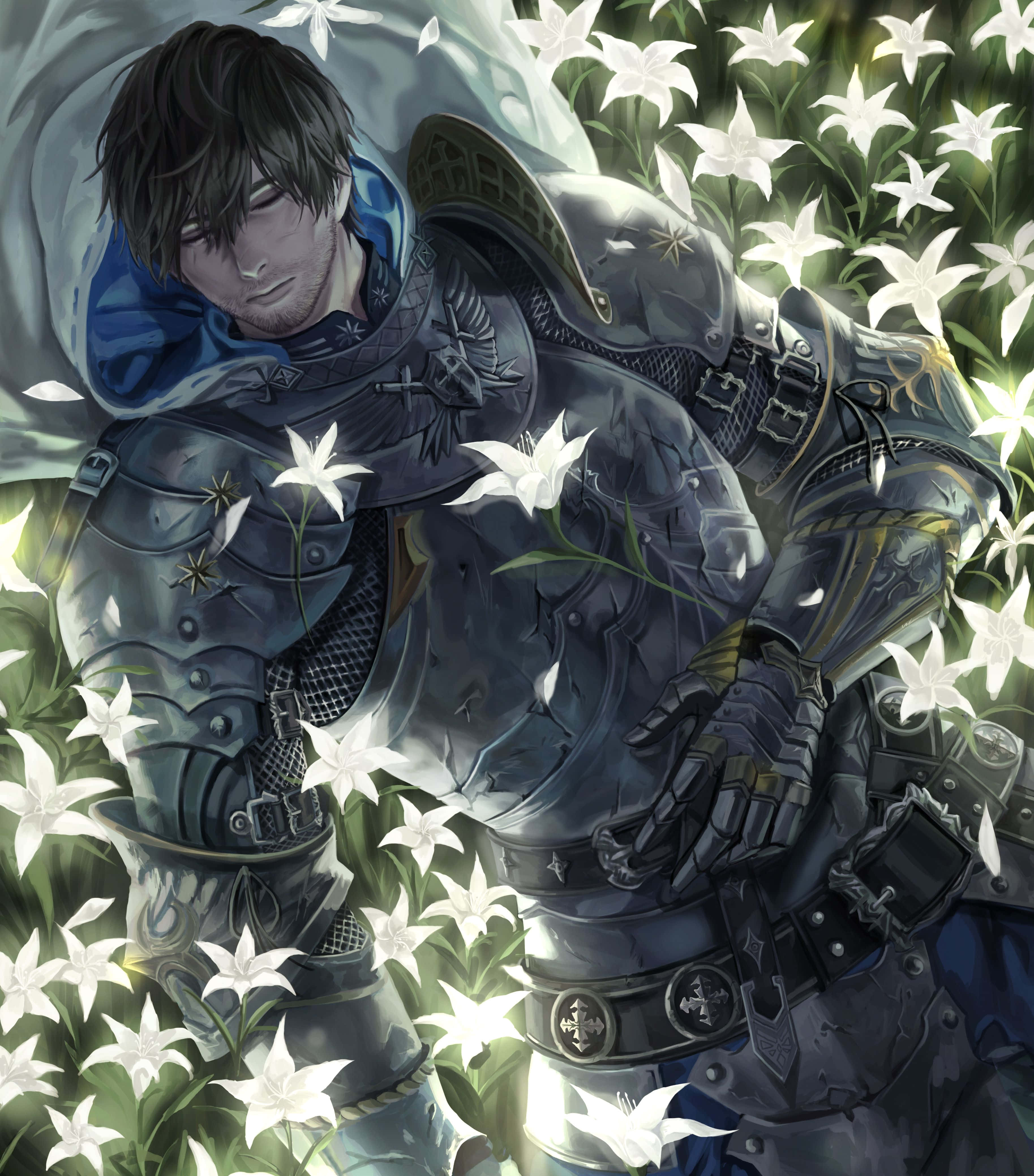 Final Fantasy Paladin, dark armor, glowing white lilies, 4K Phone Wallpaper